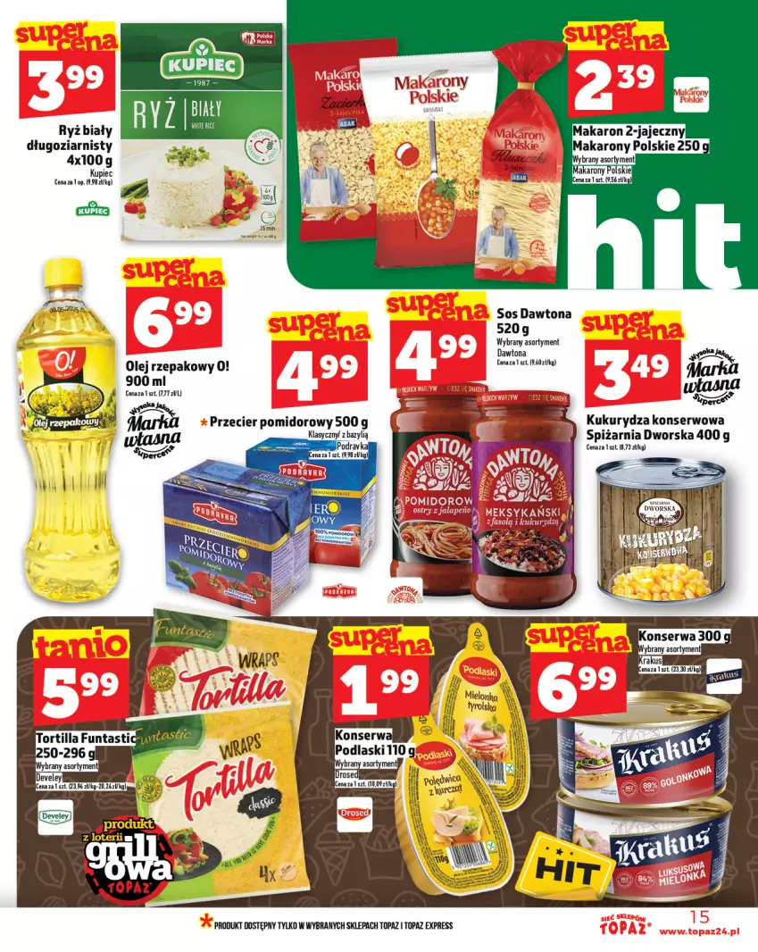Gazetka promocyjna Topaz - Gazetka - ważna 12.06 do 18.06.2025 - strona 15 - produkty: Bazyl, Dawtona, Kukurydza, Kukurydza konserwowa, Kupiec, Makaron, Olej, Olej rzepakowy, Piec, Ryż, Ryż biały, Ser, Sos, Top