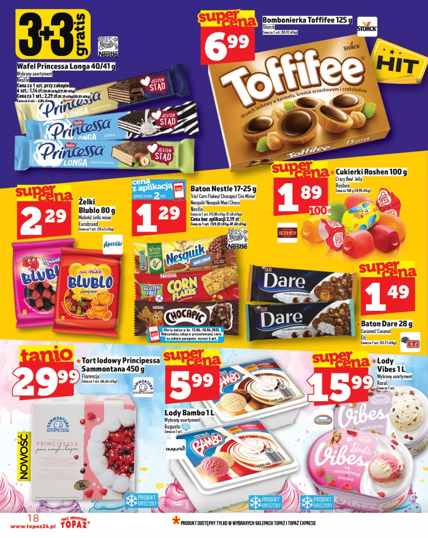 Gazetka promocyjna Topaz - Gazetka - ważna 12.06 do 18.06.2025 - strona 18 - produkty: Baton, Cini Minis, Corn flakes, Cukier, Cukierki, Lody, Nesquik, Toffifee, Top