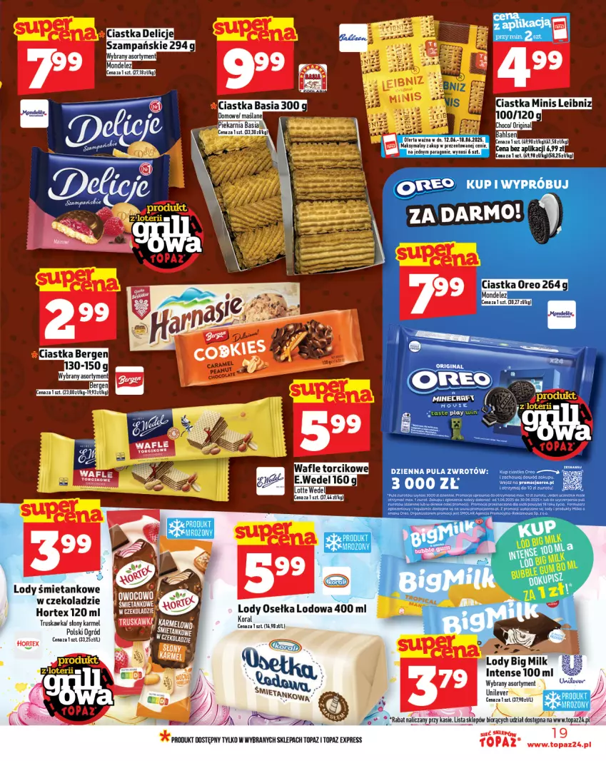 Gazetka promocyjna Topaz - Gazetka - ważna 12.06 do 18.06.2025 - strona 19 - produkty: Big Milk, Ciastka, Hortex, Lody, Milka, Mola, Ogród, Oreo, Top, Truskawki, Wafle