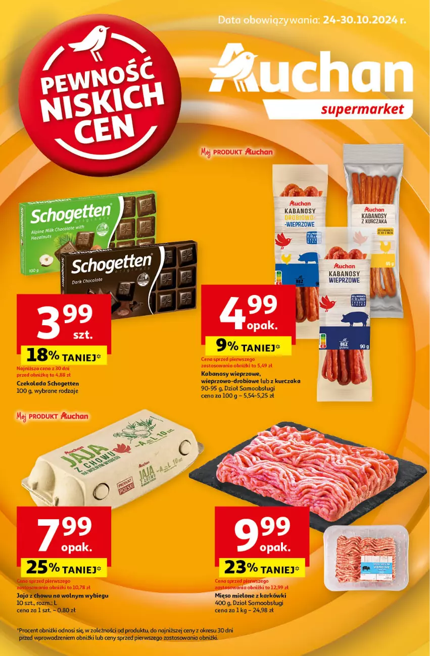 Gazetka promocyjna Auchan - Pewność Niskich Cen Supermarket - ważna 24.10 do 30.10.2024 - strona 1 - produkty: Czekolada, Jaja, Kabanos, Kurczak, Schogetten