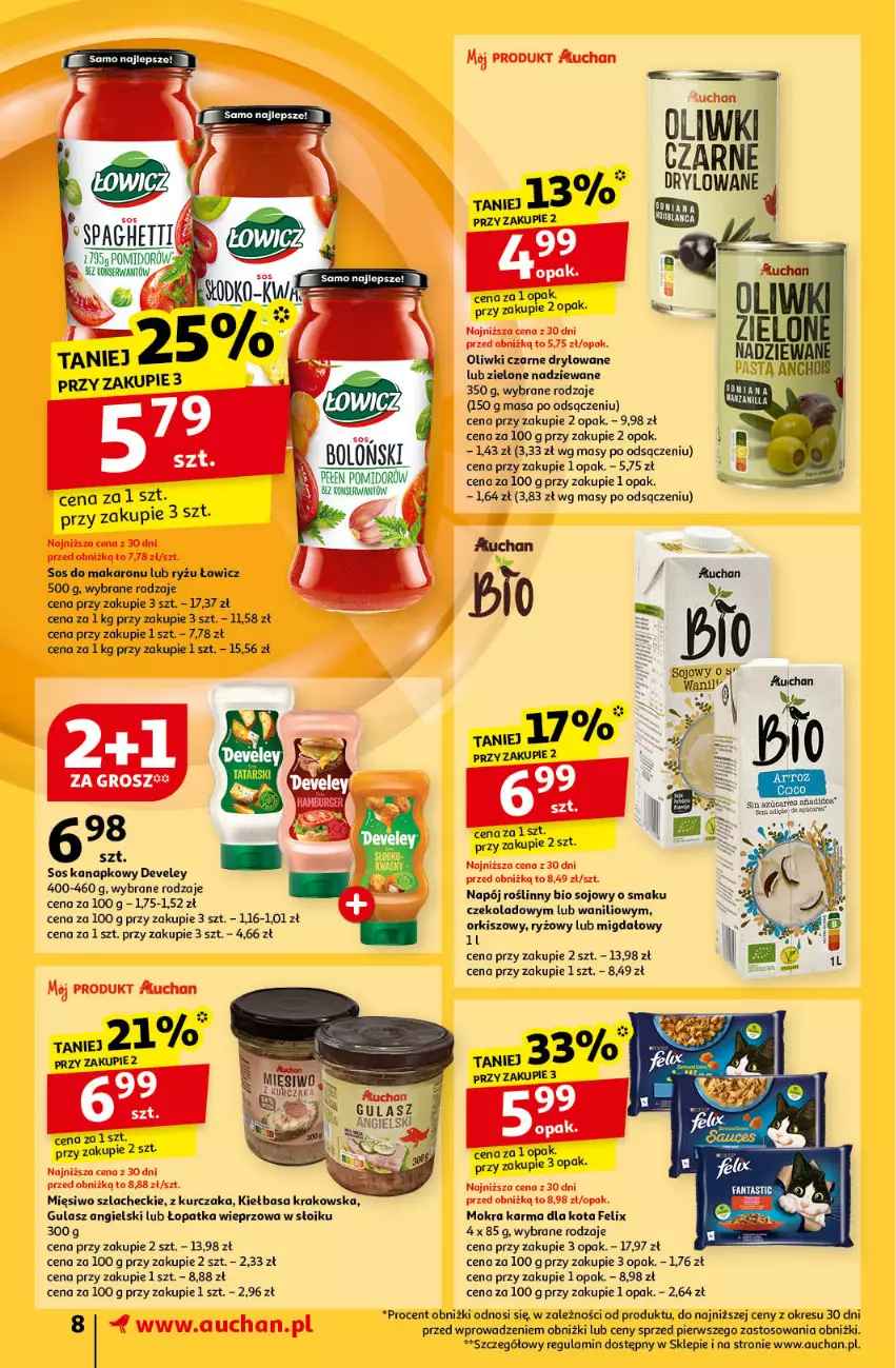 Gazetka promocyjna Auchan - Pewność Niskich Cen Supermarket - ważna 24.10 do 30.10.2024 - strona 10 - produkty: Felix, Kiełbasa, Kiełbasa krakowska, Kurczak, Makaron, Mokra karma, Napój, Napój roślinny, Oliwki, Oliwki czarne, Ryż, Ser, Sos, Sos do makaronu