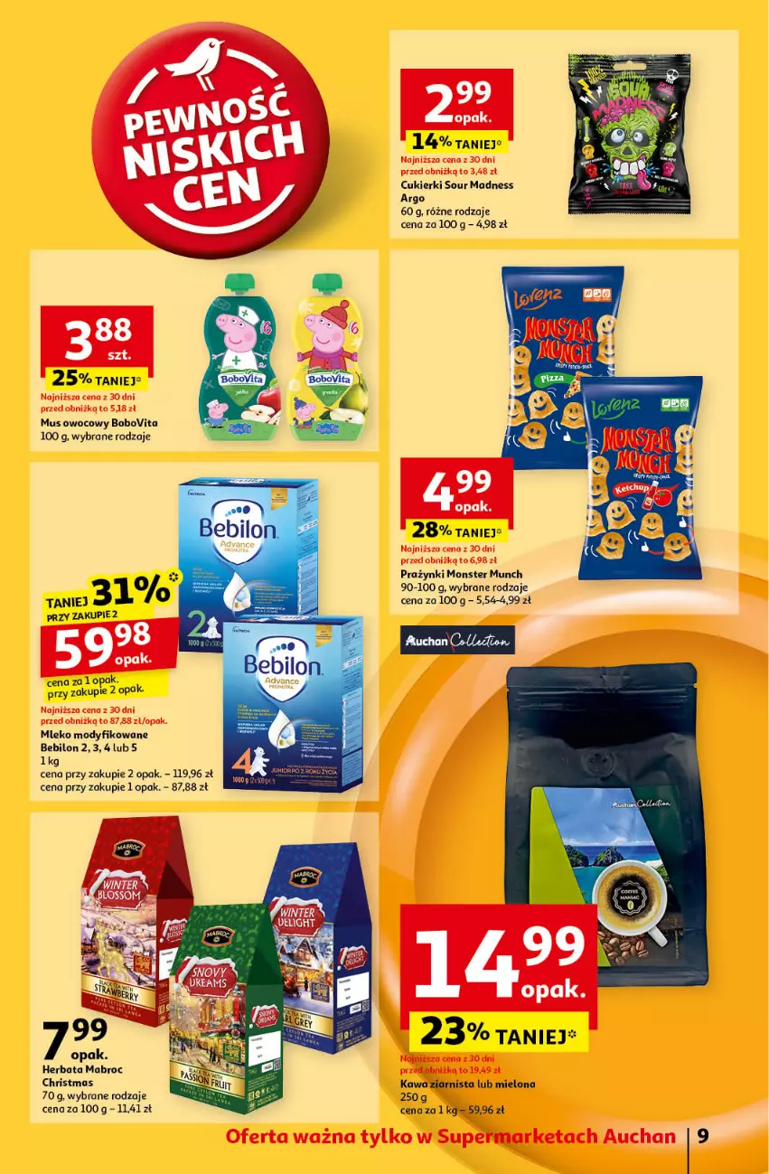 Gazetka promocyjna Auchan - Pewność Niskich Cen Supermarket - ważna 24.10 do 30.10.2024 - strona 11 - produkty: BEBILON, BoboVita, Cukier, Cukierki, Herbata, Kawa, Kawa ziarnista, Mleko, Mleko modyfikowane, Monster Munch, Mus