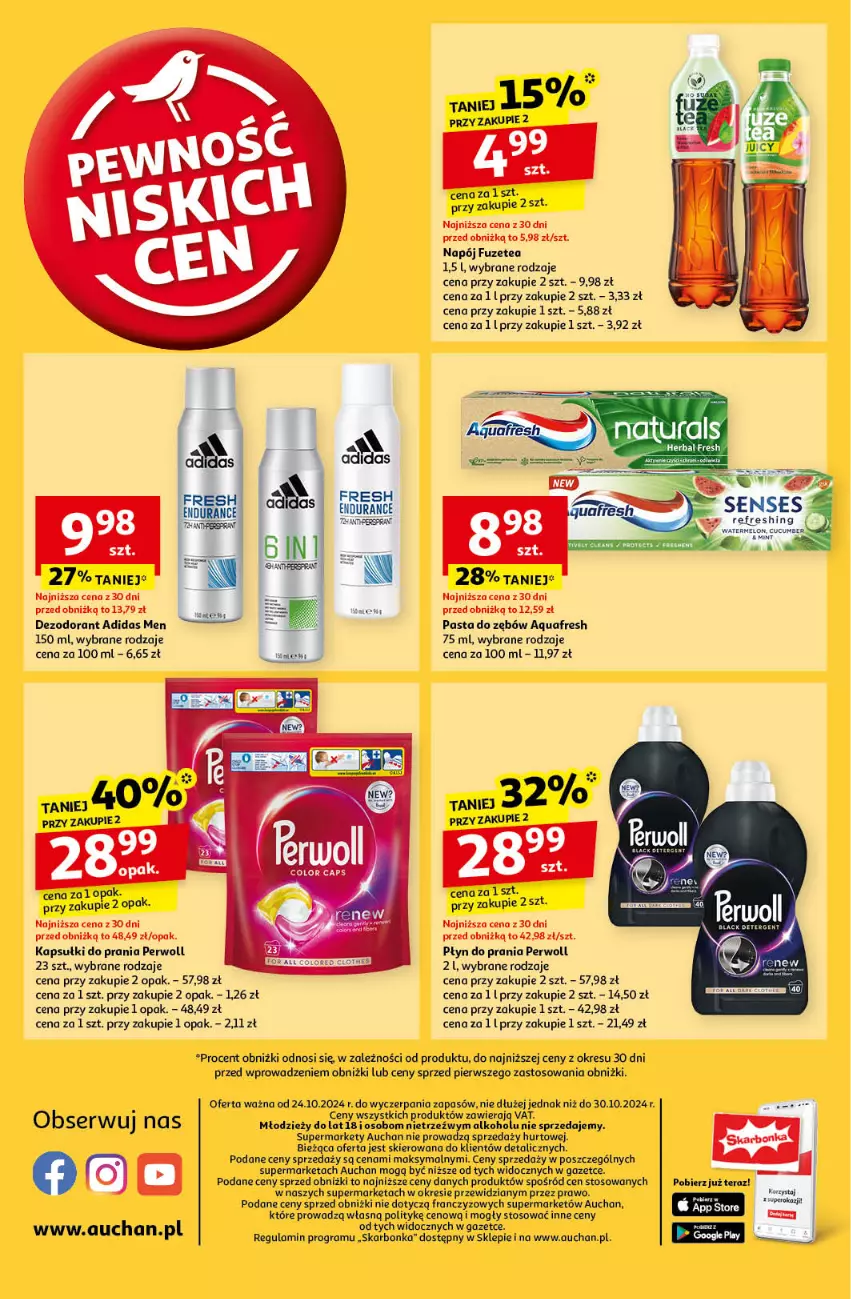 Gazetka promocyjna Auchan - Pewność Niskich Cen Supermarket - ważna 24.10 do 30.10.2024 - strona 14 - produkty: Adidas, Aquafresh, Dezodorant, Gra, Kapsułki do prania, Napój, Pasta do zębów, Perwoll, Płyn do prania, Senses, Tera