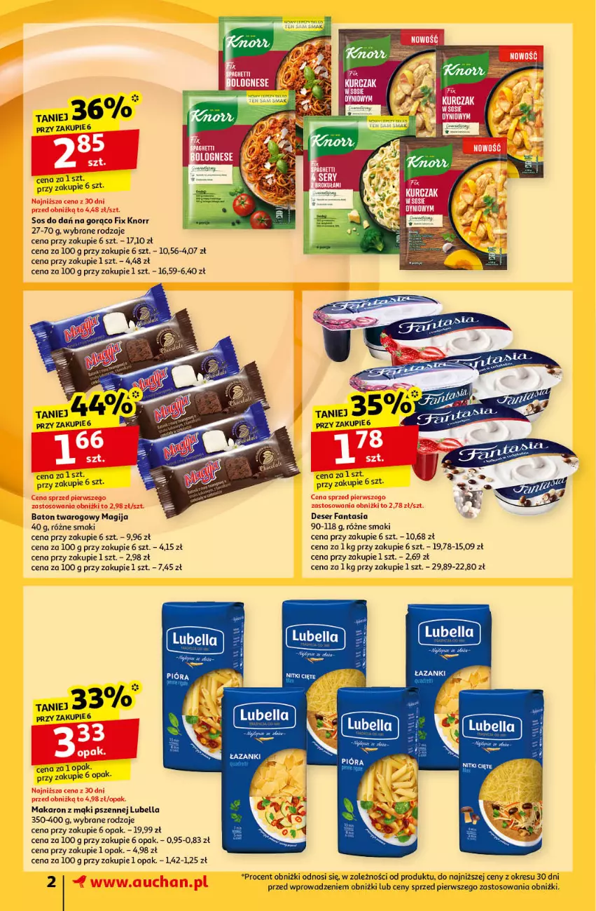 Gazetka promocyjna Auchan - Pewność Niskich Cen Supermarket - ważna 24.10 do 30.10.2024 - strona 2 - produkty: Baton, Bell, Bella, Deser, Fa, Fanta, Knorr, Lubella, Magija, Makaron, Ser, Sos