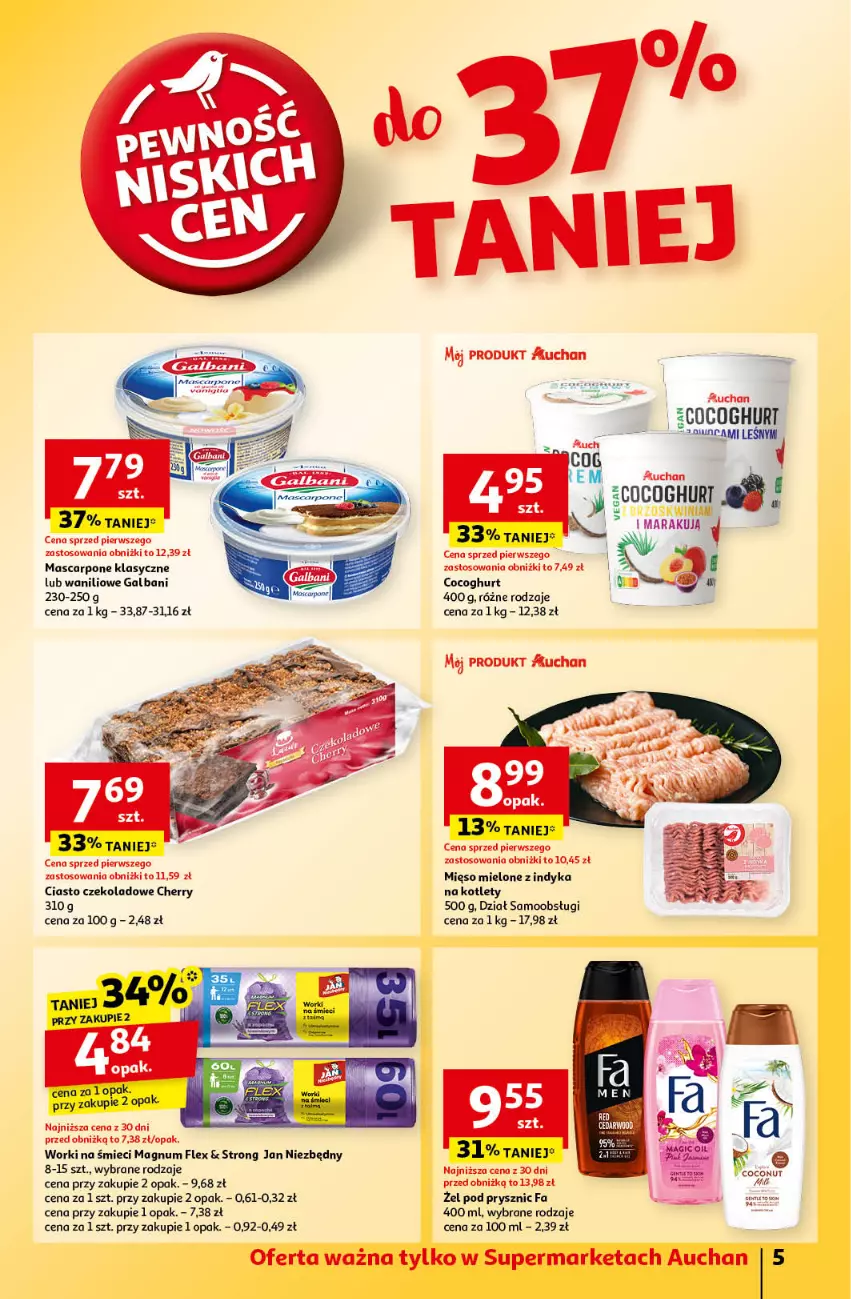 Gazetka promocyjna Auchan - Pewność Niskich Cen Supermarket - ważna 24.10 do 30.10.2024 - strona 5 - produkty: Ciasto czekoladowe, Fa, Galbani, Jan Niezbędny, Kotlet, Mascarpone, Mięso, Mięso mielone, Worki na śmiec, Worki na śmieci