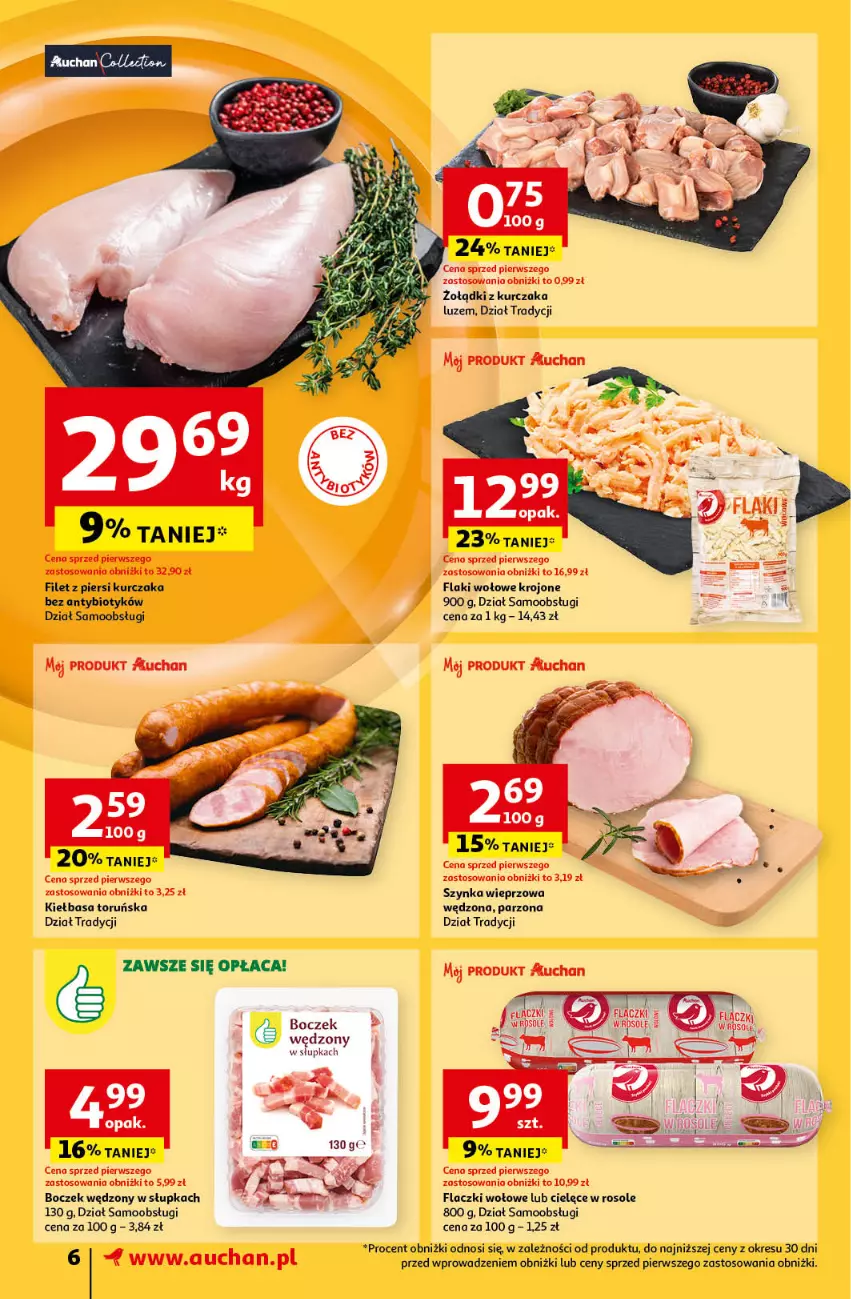 Gazetka promocyjna Auchan - Pewność Niskich Cen Supermarket - ważna 24.10 do 30.10.2024 - strona 8 - produkty: Boczek, Filet z piersi kurczaka, Flaczki wołowe, Flaki, Flaki wołowe, Kiełbasa, Kurczak, Szynka, Szynka wieprzowa