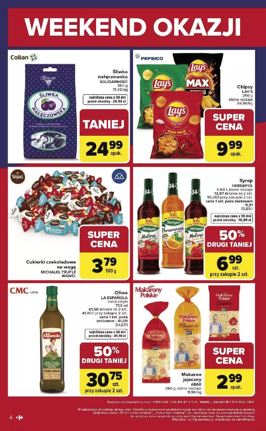 Gazetka promocyjna Carrefour - Gazetka Weekend okazji już od czwartku! - ważna 26.02 do 28.02.2026 - strona 4 - produkty: Chipsy, Cukier, Cukierki, Cukierki czekoladowe, Gin, Herbapol, Makaron, Oliwa, Por, Ser, Wawel