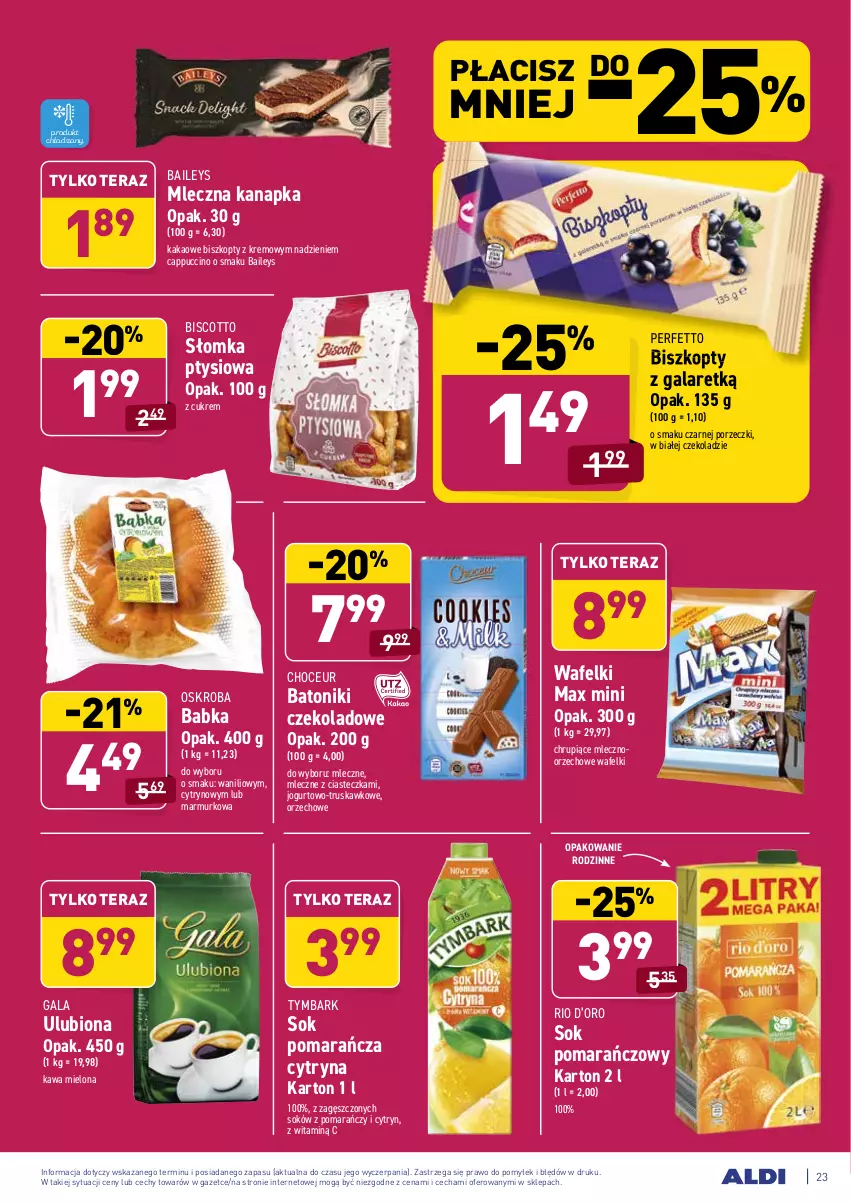 Gazetka promocyjna Aldi - ważna 26.04 do 30.04.2021 - strona 23 - produkty: Babka, Baton, Biszkopty, Cappuccino, Gala, Jogurt, Kakao, Kawa, Kawa mielona, Mleczna kanapka, Por, Sok, Sok pomarańczowy, Tera, Tonik, Tymbark