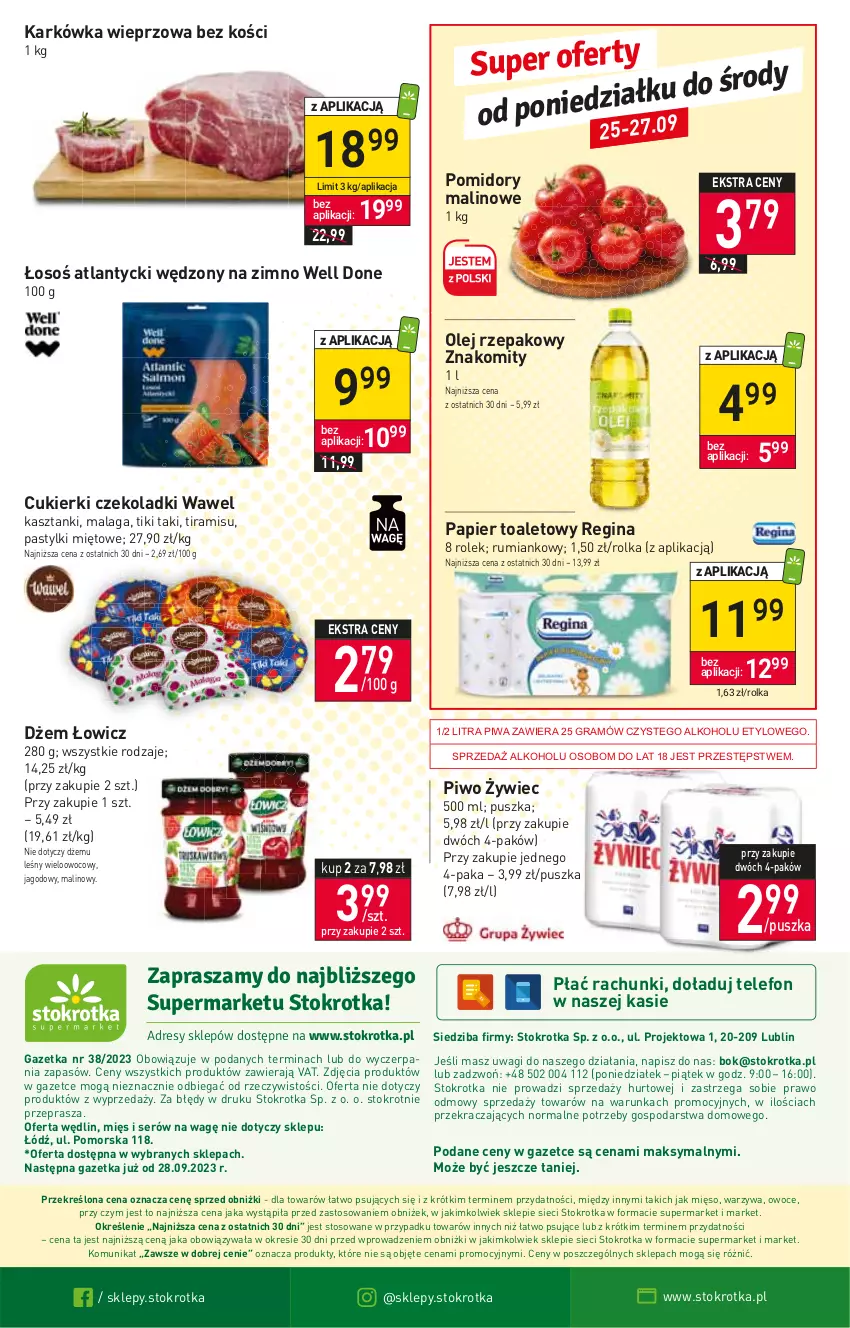 Gazetka promocyjna Stokrotka - Supermarket - ważna 21.09 do 27.09.2023 - strona 24 - produkty: Cukier, Cukierki, Dżem, Gin, Gra, Karkówka wieprzowa, Mięso, O nas, Olej, Olej rzepakowy, Owoce, Papier, Papier toaletowy, Pastylki, Piwa, Piwo, Pomidory, Rum, Ser, Telefon, Wagi, Warzywa, Wawel