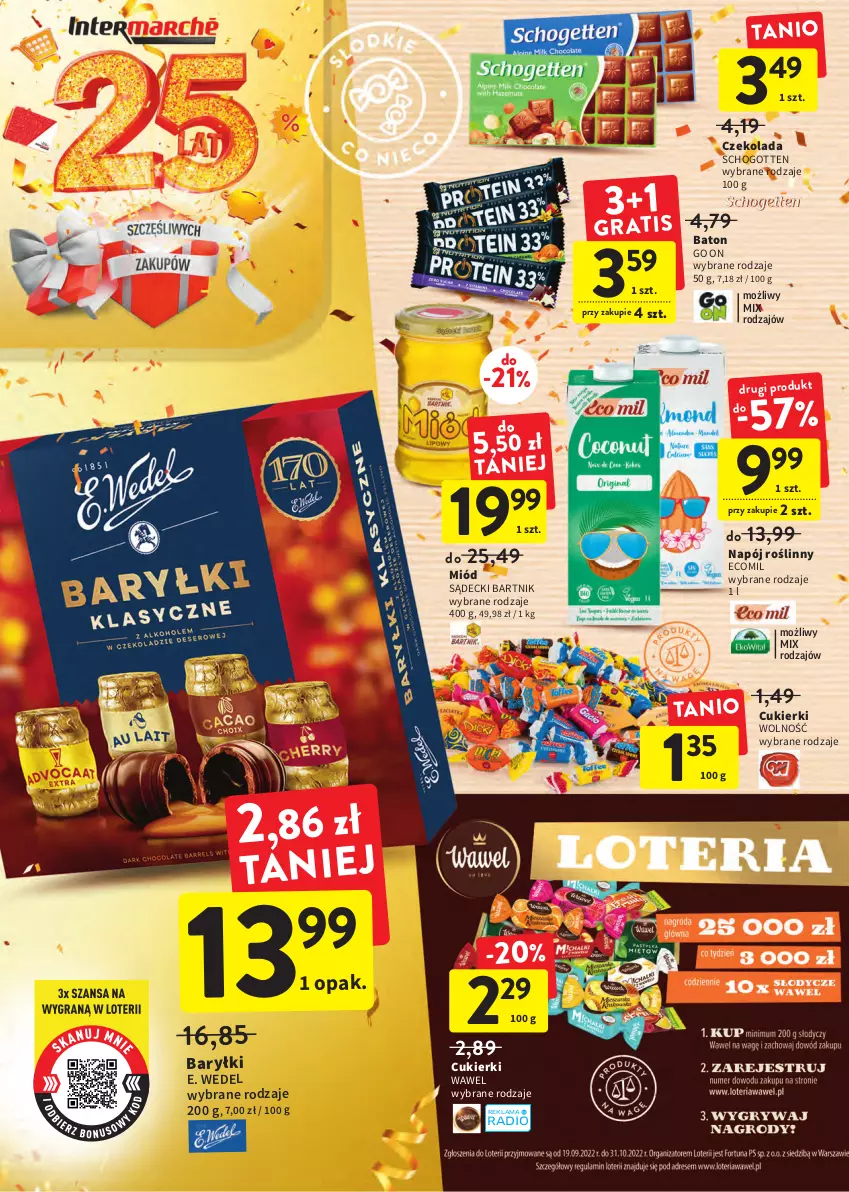 Gazetka promocyjna Intermarche - Gazetka Intermarche - ważna 29.09 do 05.10.2022 - strona 26 - produkty: Baryłki, Baton, Cukier, Cukierki, Czekolada, E. Wedel, Miód, Napój, Napój roślinny, Wawel