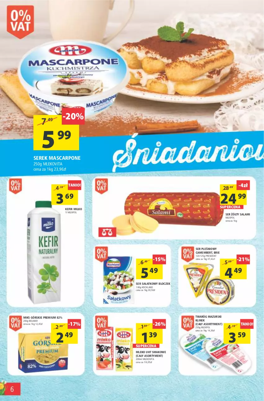 Gazetka promocyjna Arhelan - Gazetka - ważna 22.04 do 03.05.2022 - strona 6 - produkty: Brie, Camembert, Hochland, Kefir, Mascarpone, Mleko, Mlekovita, Salami, Sałat, Ser, Ser pleśniowy, Serek, Twaróg, Vita C