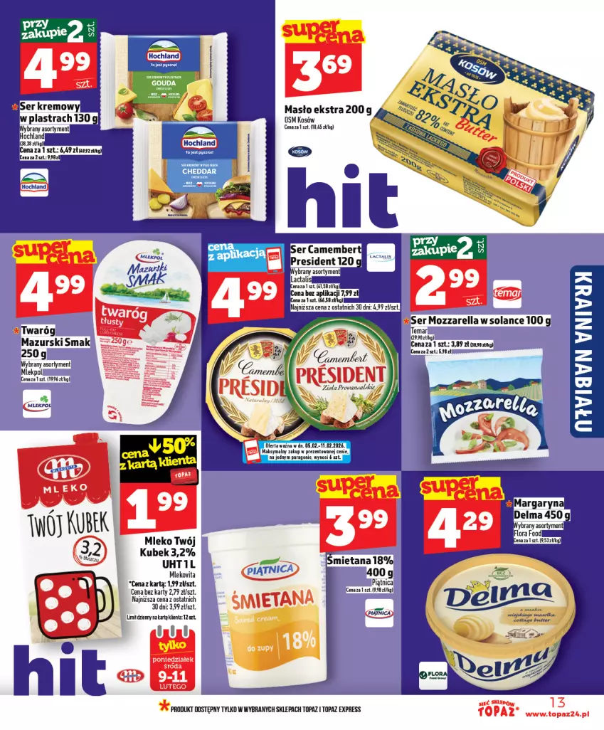 Gazetka promocyjna Topaz - Gazetka - ważna 05.02 do 11.02.2026 - strona 13 - produkty: Cheddar, Kubek, Masło, Mleko, Mlekovita, Top