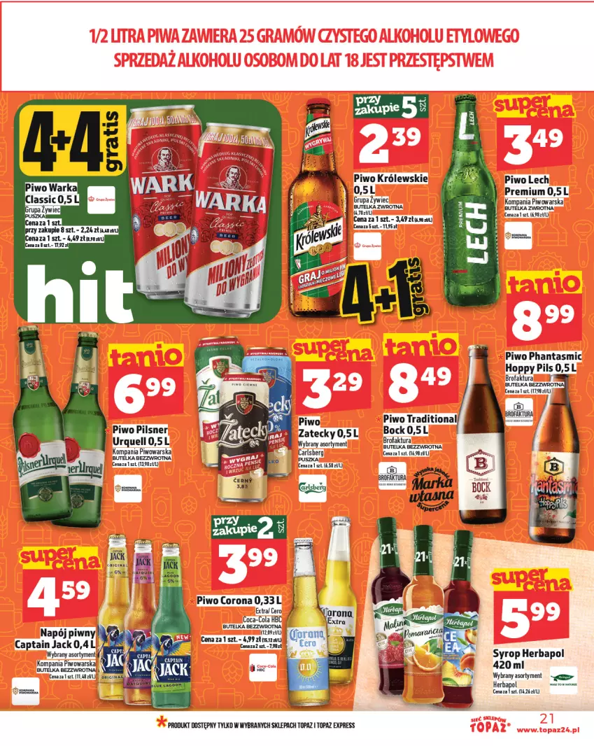 Gazetka promocyjna Topaz - Gazetka - ważna 27.02 do 05.03.2025 - strona 21 - produkty: Captain Jack, Carlsberg, Coca-Cola, Fa, Herbapol, Królewski, Napój, Piwo, Syrop, Top