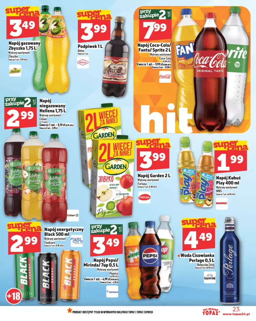 Gazetka promocyjna Topaz - Gazetka - ważna 27.02 do 05.03.2025 - strona 23 - produkty: 7up, Cisowianka, Coca-Cola, Fa, Fanta, Fortuna, Hellena, Kubuś, Lack, Mirinda, Napój, Napój gazowany, Pepsi, Sprite, Top, Woda