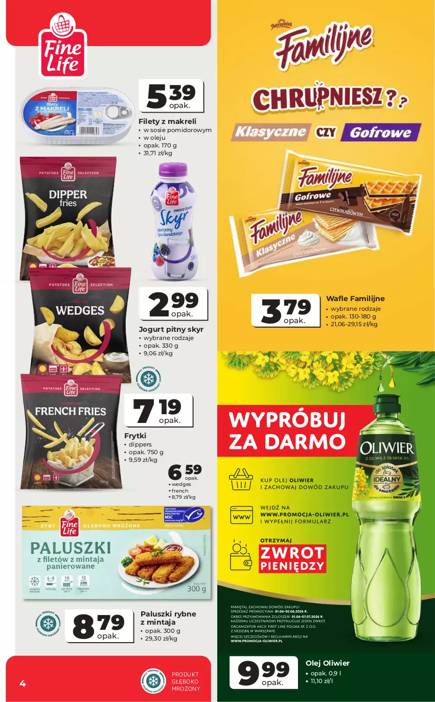 Gazetka promocyjna Odido - Gazetka Odido - ważna 24.06 do 07.07.2026 - strona 4 - produkty: Fa, Frytki, Jogurt, Jogurt pitny, Mintaj, Olej, Paluszki rybne, Sos, Wafle