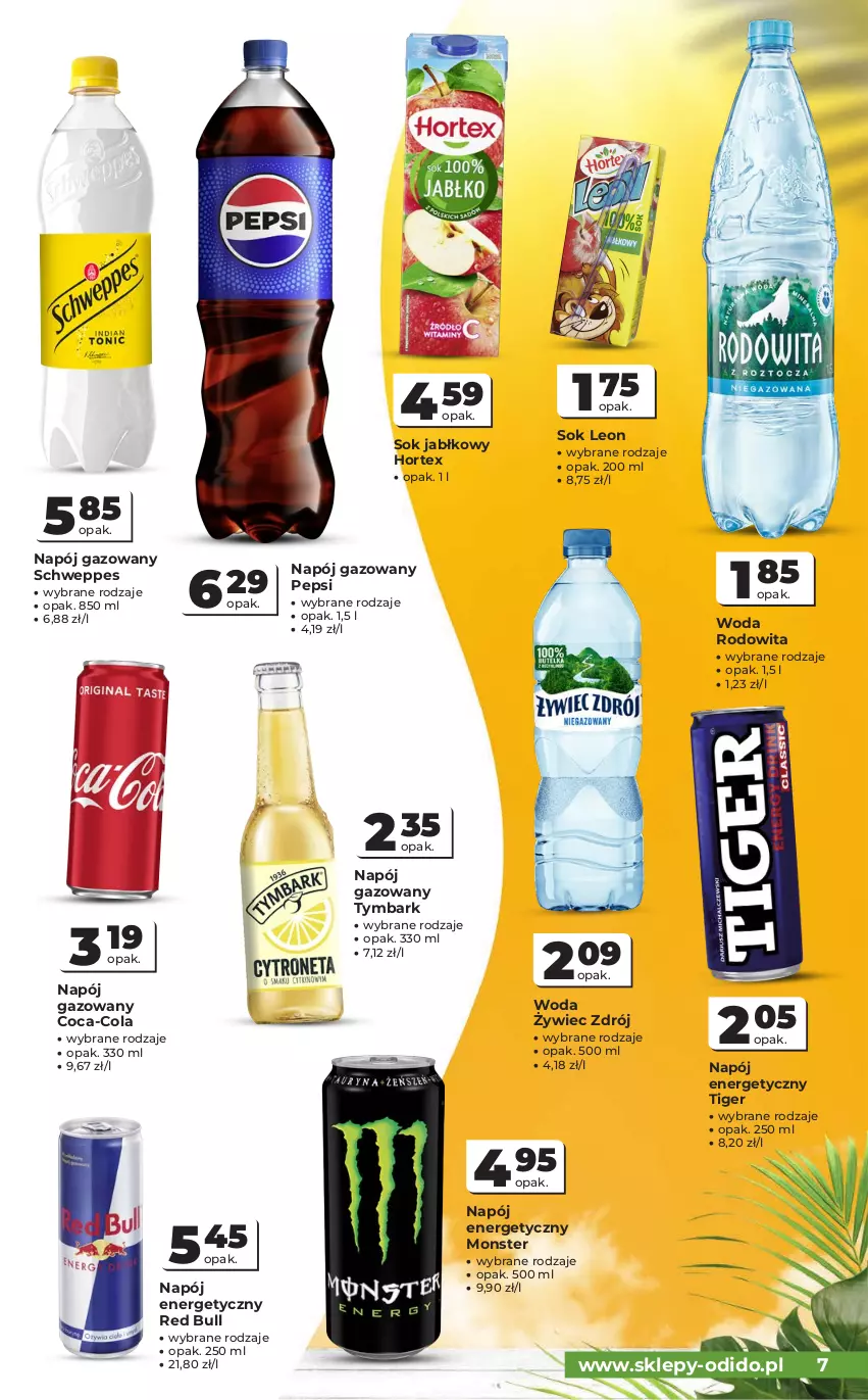 Gazetka promocyjna Odido - Gazetka Odido - ważna 24.06 do 07.07.2026 - strona 7 - produkty: Coca-Cola, Hortex, Leon, Napój, Napój energetyczny, Napój gazowany, Pepsi, Red Bull, Schweppes, Sok, Sok jabłkowy, Tiger, Tymbark, Woda