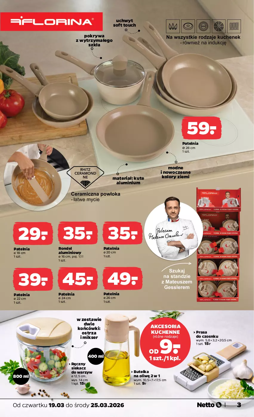 Gazetka promocyjna Netto - Od Czwartku - ważna 19.03 do 25.03.2026 - strona 3 - produkty: Butelka na oliwę, Mikser, Patelnia, Pokrywa, Rondel, Ser