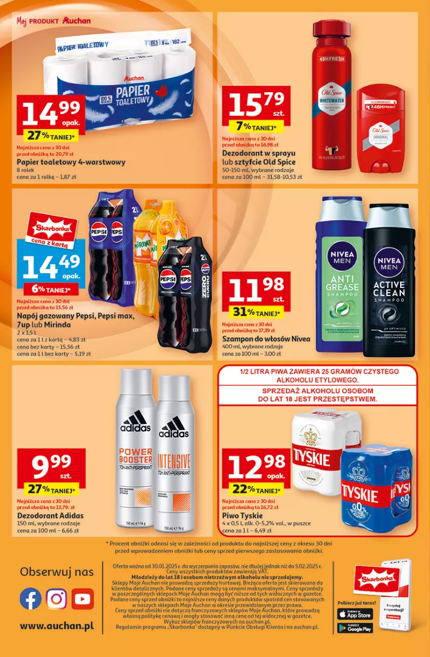 Gazetka promocyjna Auchan - Pewność Niskich Cen Moje - ważna 30.01 do 05.02.2025 - strona 10 - produkty: 7up, Adidas, Dezodorant, Gra, HP, Mirinda, Napój, Napój gazowany, Nivea, Old Spice, Papier, Papier toaletowy, Pepsi, Pepsi max, Piwa, Piwo, Ser, Szampon, Tera, Tyskie