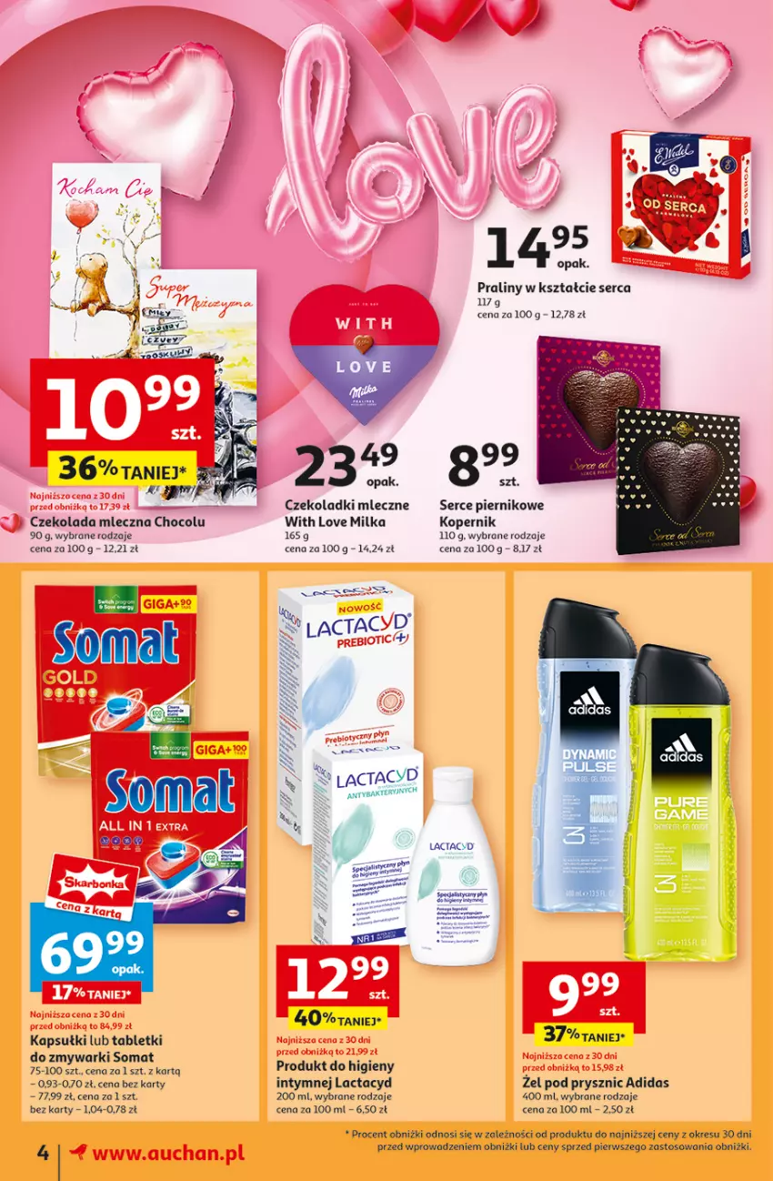 Gazetka promocyjna Auchan - Pewność Niskich Cen Moje - ważna 30.01 do 05.02.2025 - strona 4 - produkty: Adidas, Czekolada, Czekolada mleczna, Lactacyd, Milka, Piernik, Praliny, Ser, Somat, Tablet, Tabletki do zmywarki, Tera, Zmywarki