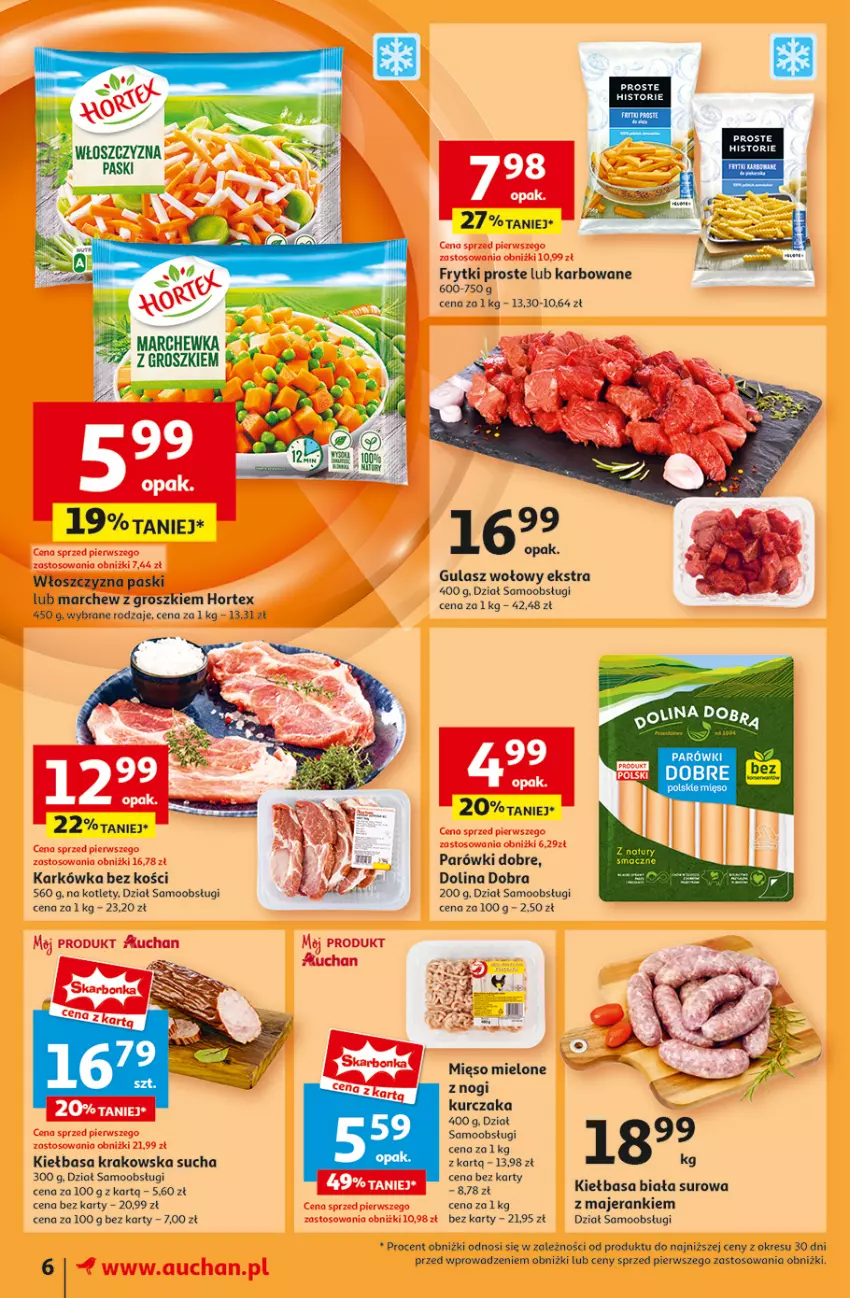 Gazetka promocyjna Auchan - Pewność Niskich Cen Moje - ważna 30.01 do 05.02.2025 - strona 8 - produkty: Frytki, Gulasz wołowy, Hortex, Kiełbasa, Kiełbasa biała, Kiełbasa krakowska, Kotlet, Kurczak, Mięso, Mięso mielone, Parówki