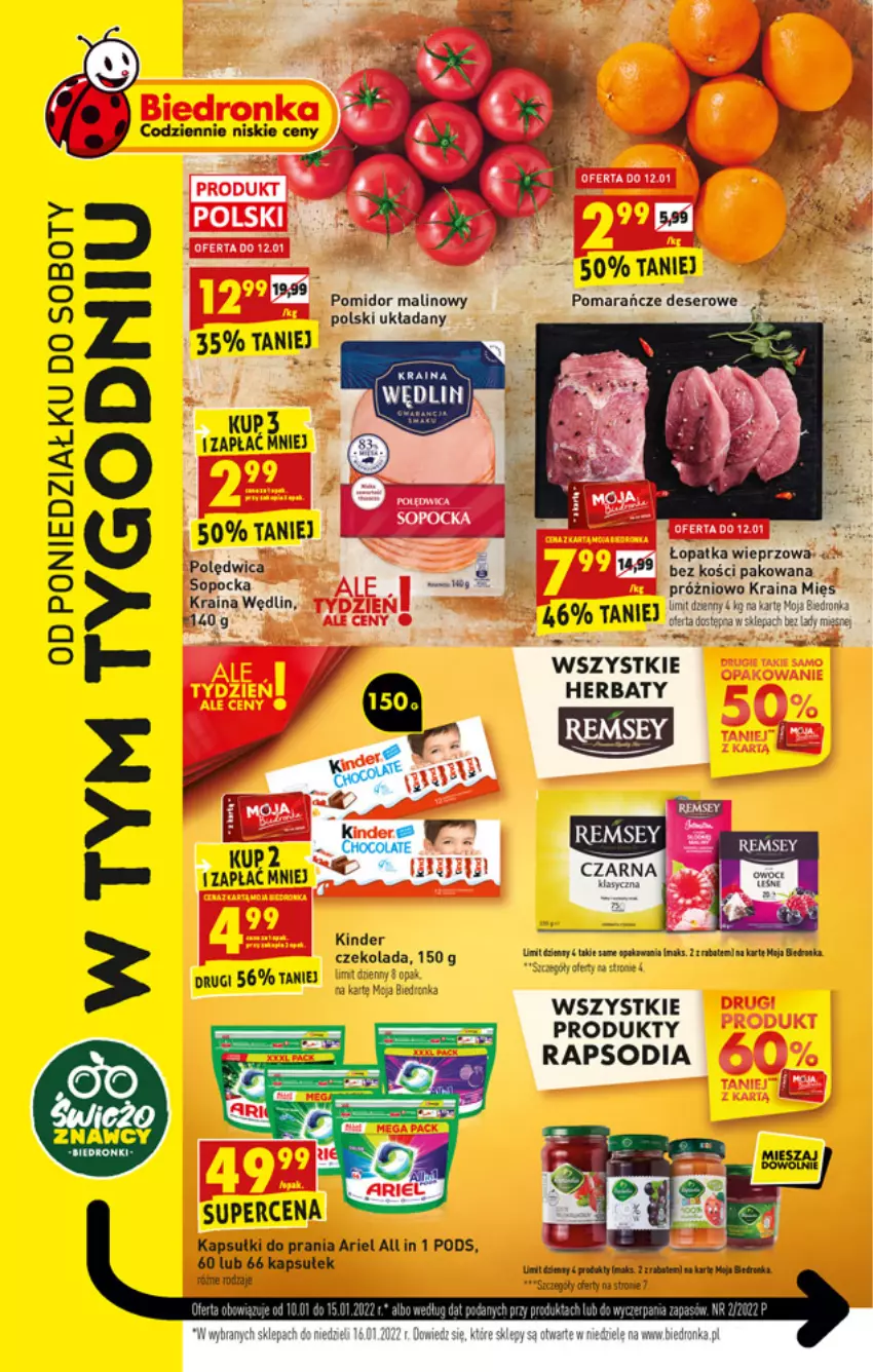 Gazetka promocyjna Biedronka - W tym tygodniu - ważna 10.01 do 15.01.2022 - strona 1 - produkty: Ariel, Czekolada, Deser, Kapsułki do prania, Kawa, Kinder, Pomarańcze, Pomidor malinowy, Ser