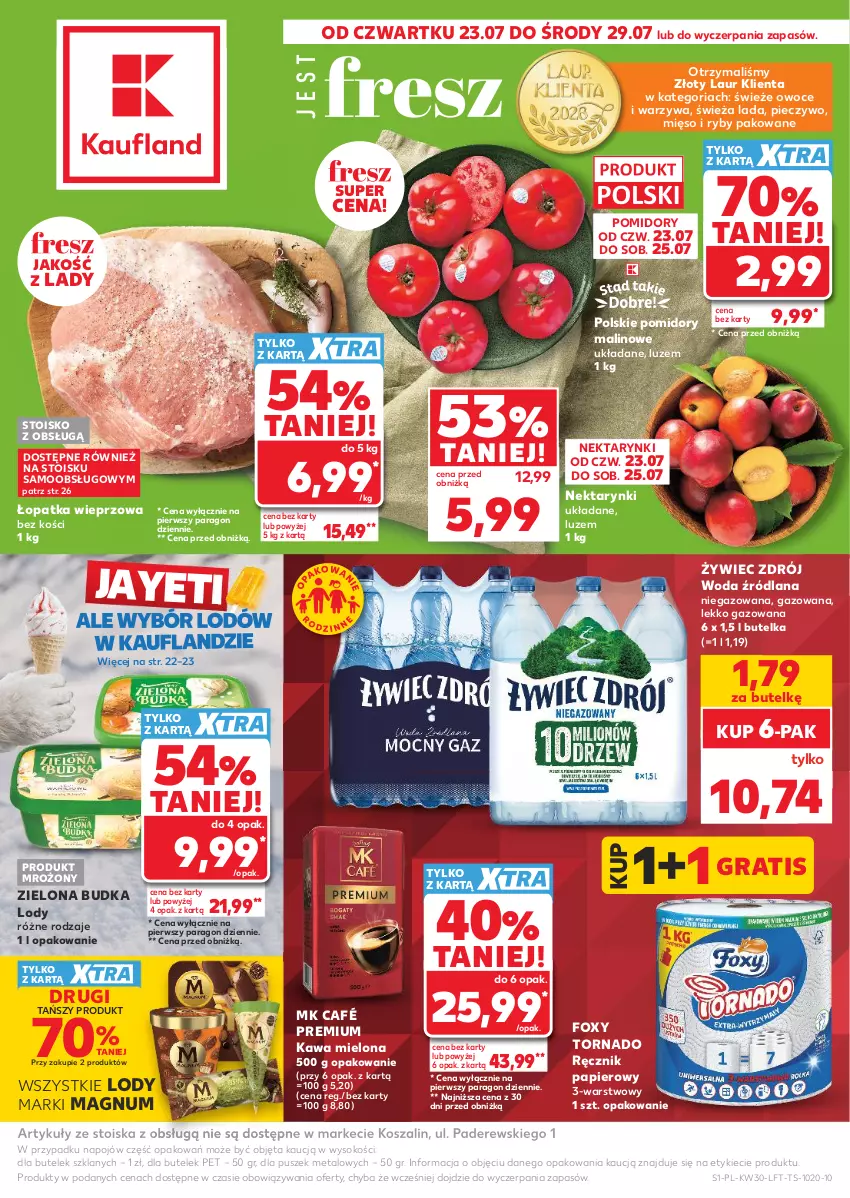 Gazetka promocyjna Kaufland - Gazetka tygodnia - ważna 23.07 do 29.07.2026 - strona 1 - produkty: Foxy, Gra, Kawa, Kawa mielona, Kosz, LANA, Laur, Lody, Mięso, Nektar, Owoce, Papier, Piec, Pieczywo, Pomidory, Ręcznik, Sok, Szal, Warzywa, Woda, Zielona Budka