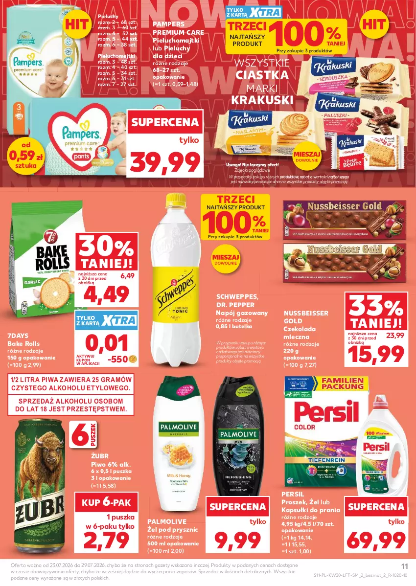Gazetka promocyjna Kaufland - Gazetka tygodnia - ważna 23.07 do 29.07.2026 - strona 11 - produkty: Bake Rolls, Ciastka, Czekolada, Czekolada mleczna, Dzieci, Gra, Kapsułki do prania, Krakus, Krakuski, Majtki, Napój, Napój gazowany, Palmolive, Pampers, Persil, Pieluchomajtki, Pieluchy, Piwa, Piwo, Por, Schweppes, Ser, Waga