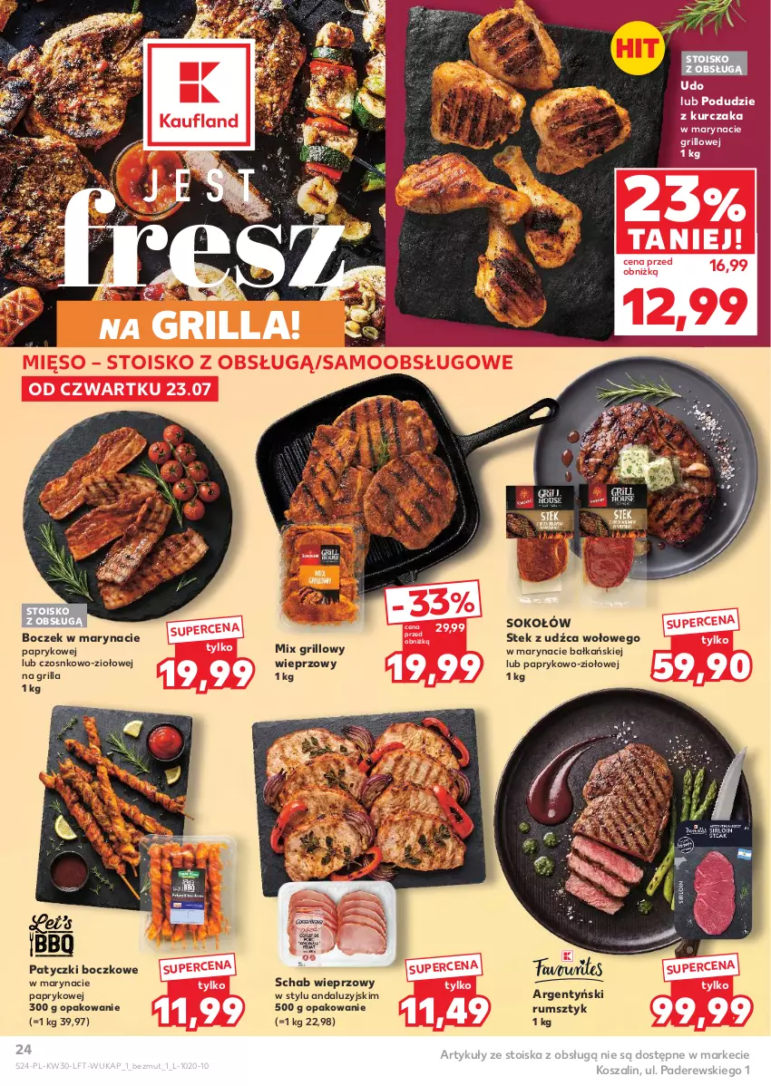 Gazetka promocyjna Kaufland - Gazetka tygodnia - ważna 23.07 do 29.07.2026 - strona 24 - produkty: Boczek, Grill, Kosz, Kurczak, Mięso, Podudzie z kurczaka, Rum, Schab wieprzowy, Sok, Sokołów, Stek, Stek z udźca wołowego, Szal