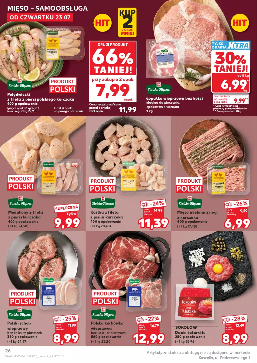 Gazetka promocyjna Kaufland - Gazetka tygodnia - ważna 23.07 do 29.07.2026 - strona 26 - produkty: Karkówka wieprzowa, Kosz, Kurczak, Lion, Mięso, Mięso mielone, Piec, Schab wieprzowy, Sok, Sokołów, Szal