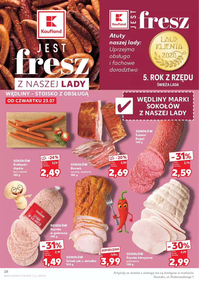 Gazetka promocyjna Kaufland - Gazetka tygodnia - ważna 23.07 do 29.07.2026 - strona 28 - produkty: Boczek, Fa, Gala, Kiełbaski śląskie, Kosz, Rogal, Salami, Sok, Sokołów, Szal, Szynka