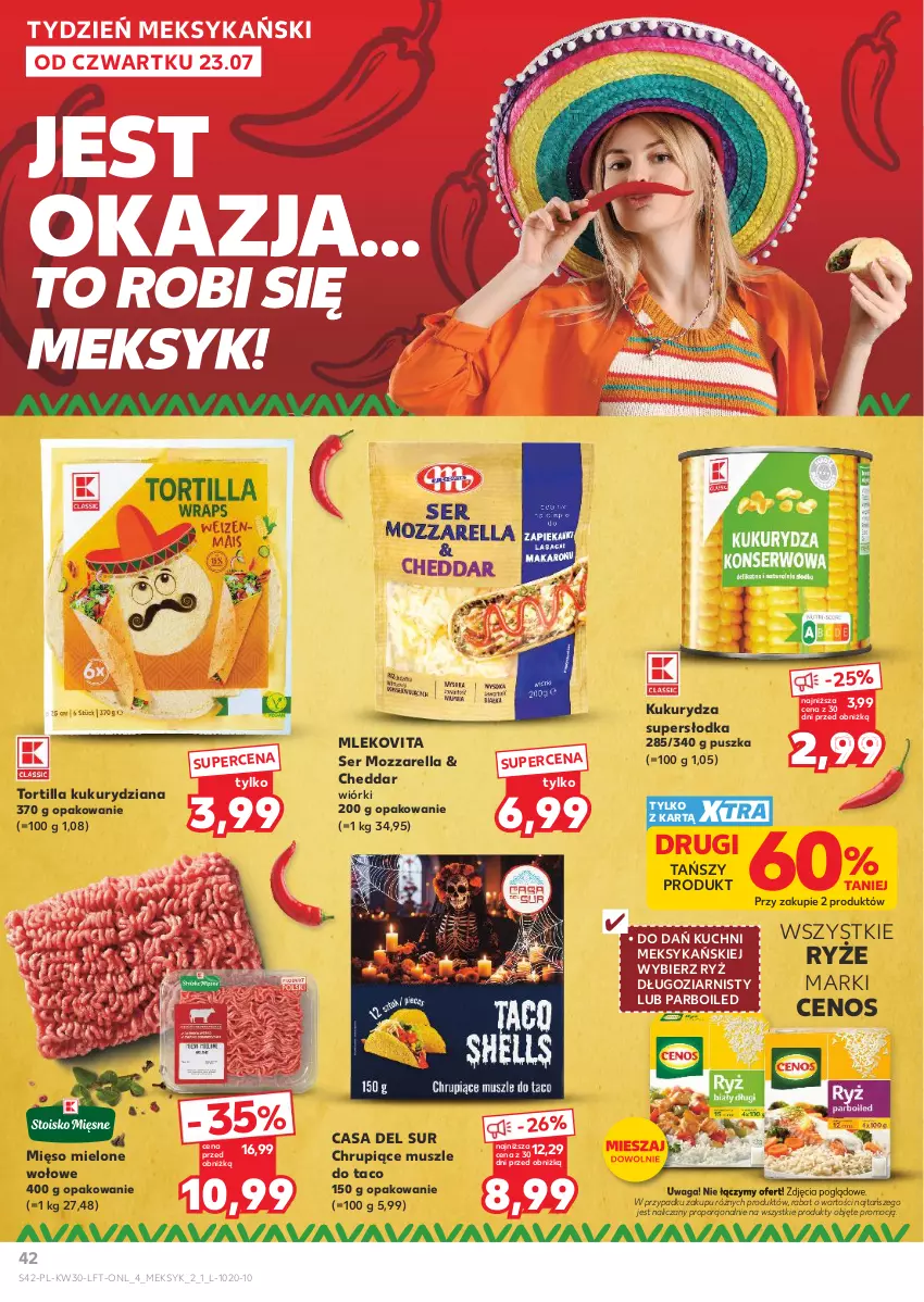 Gazetka promocyjna Kaufland - Gazetka tygodnia - ważna 23.07 do 29.07.2026 - strona 42 - produkty: Cenos, Cheddar, Kukurydza, Mięso, Mięso mielone, Mleko, Mlekovita, Mozzarella, Mus, Por, Ryż, Ser, Tortilla, Waga