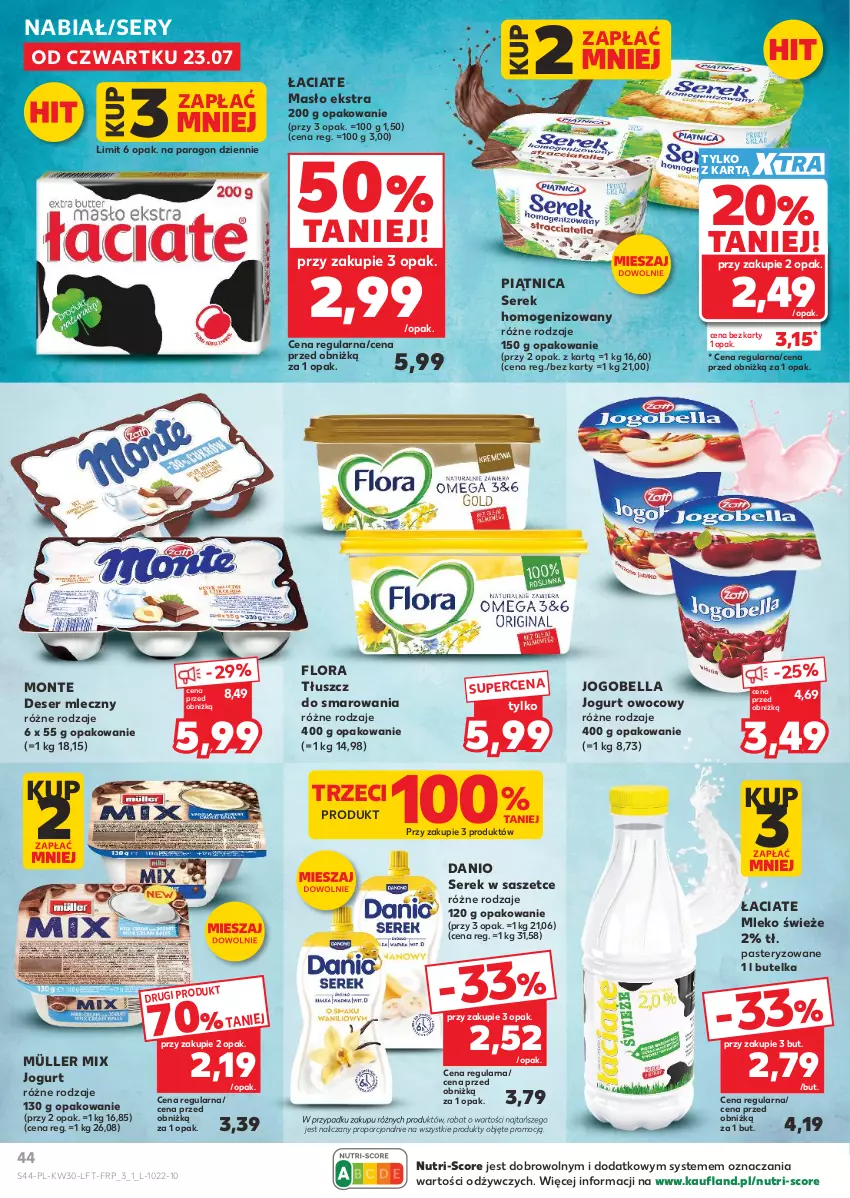 Gazetka promocyjna Kaufland - Gazetka tygodnia - ważna 23.07 do 29.07.2026 - strona 44 - produkty: Bell, Bella, Danio, Deser, Deser mleczny, Flora, Jogobella, Jogurt, Jogurt owocowy, Masło, Mleko, Monte, Müller, Müller Mix, Piątnica, Por, Ser, Serek, Serek homogenizowany