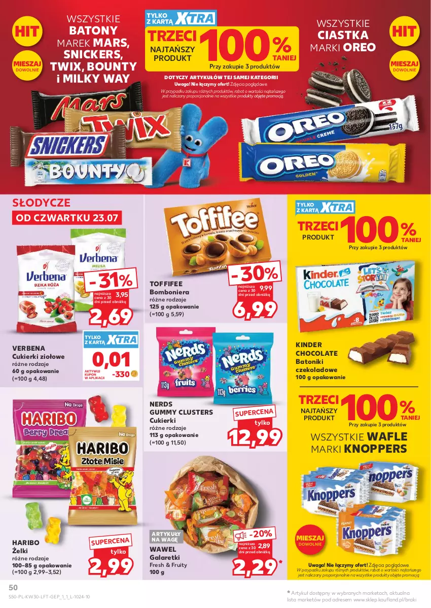 Gazetka promocyjna Kaufland - Gazetka tygodnia - ważna 23.07 do 29.07.2026 - strona 50 - produkty: Baton, Bomboniera, Bounty, Ciastka, Cukier, Cukierki, Dres, Gala, Galaretki, Haribo, Kinder, Knoppers, Mars, Milky Way, Oreo, Por, Snickers, Toffifee, Tonik, Twix, Wafle, Waga, Wawel