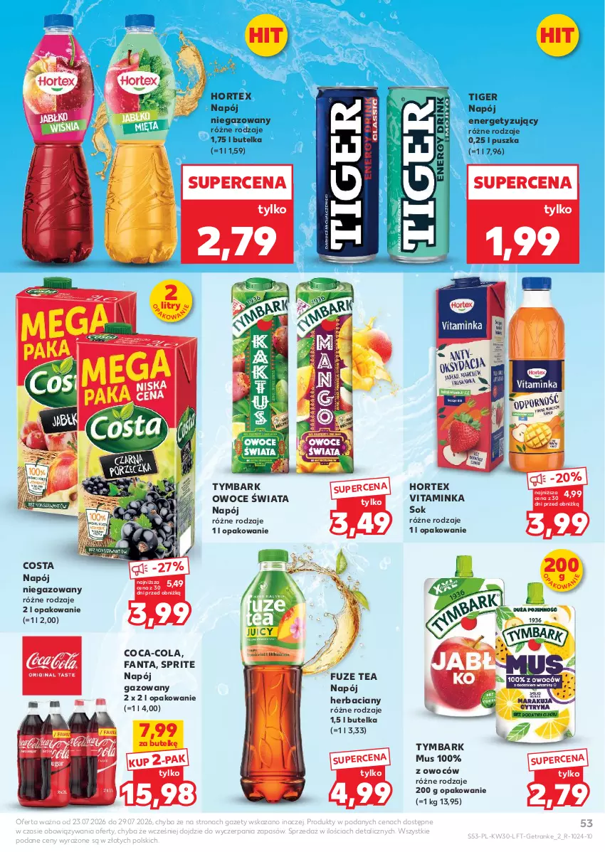 Gazetka promocyjna Kaufland - Gazetka tygodnia - ważna 23.07 do 29.07.2026 - strona 53 - produkty: Coca-Cola, Fa, Fanta, Hortex, Inka, Mus, Napój, Napój gazowany, Napój niegazowany, Owoce, Sok, Sprite, Tiger, Tran, Tymbark