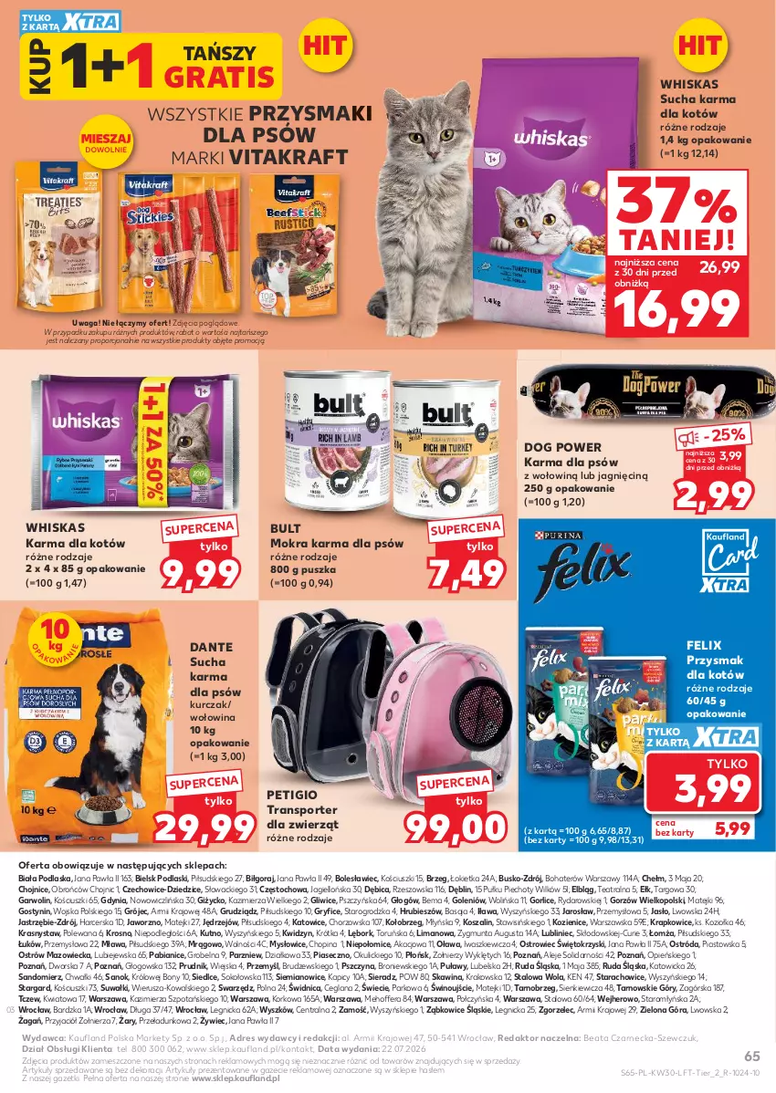 Gazetka promocyjna Kaufland - Gazetka tygodnia - ważna 23.07 do 29.07.2026 - strona 65 - produkty: BIC, Dres, Felix, Gra, Gry, Kosz, Kurczak, LANA, Mokra karma, Piast, Piec, Podlaski, Por, Przysmaki, Sok, Sport, Sucha karma, Szal, Tran, Transporter dla zwierząt, Vitakraft, Waga, Whiskas, Wino, Wołowina