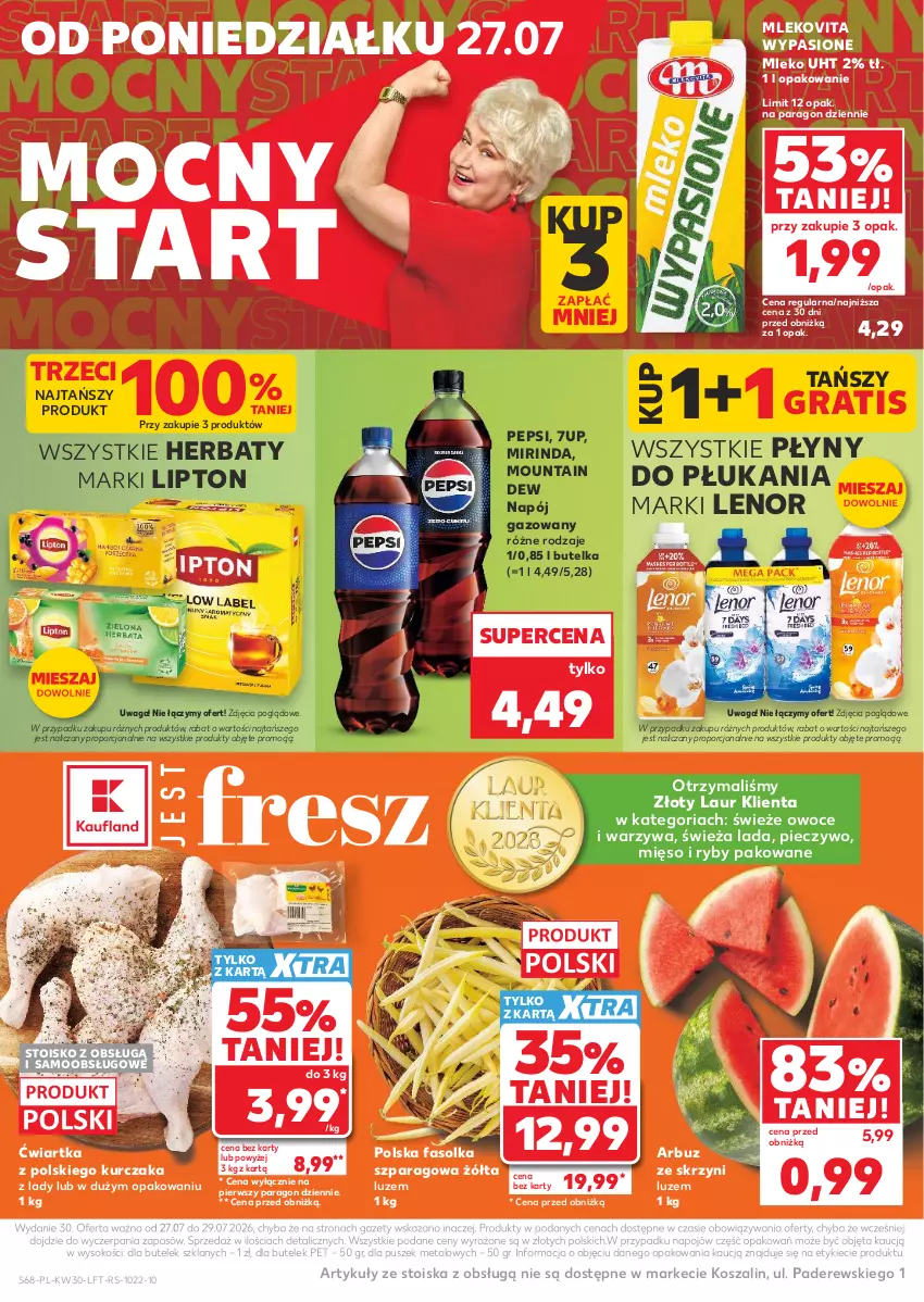 Gazetka promocyjna Kaufland - Gazetka tygodnia - ważna 23.07 do 29.07.2026 - strona 68 - produkty: 7up, Arbuz, Fa, Gra, Kosz, Kurczak, Laur, Lenor, Lipton, Mięso, Mirinda, Mleko, Mlekovita, Napój, Napój gazowany, Owoce, Pepsi, Piec, Pieczywo, Por, Sok, Szal, Waga, Warzywa