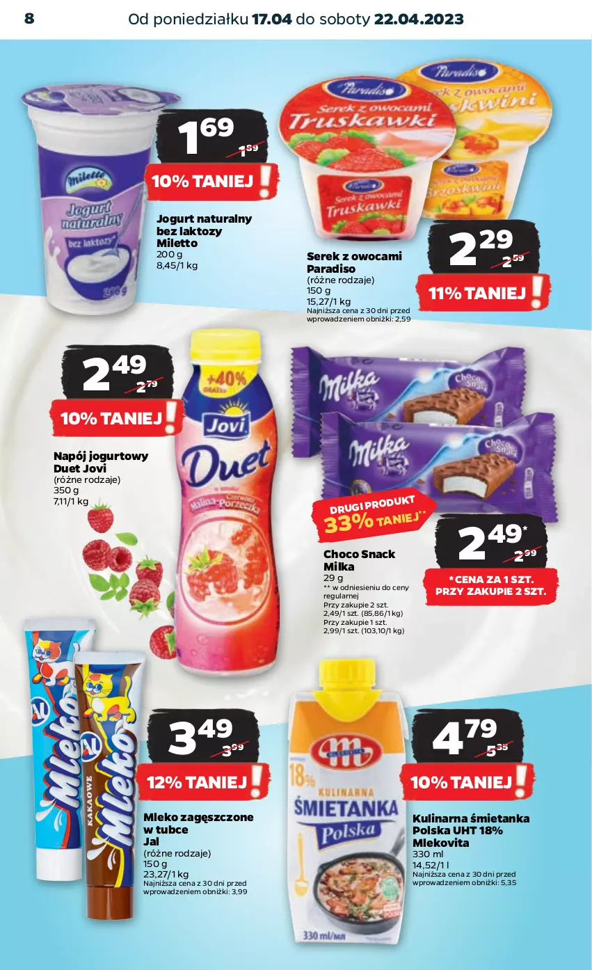 Gazetka promocyjna Netto - Artykuły spożywcze - ważna 17.04 do 22.04.2023 - strona 8 - produkty: Jogurt, Jogurt naturalny, Milka, Mleko, Mleko zagęszczone, Mlekovita, Napój, Napój jogurtowy, Ser, Serek