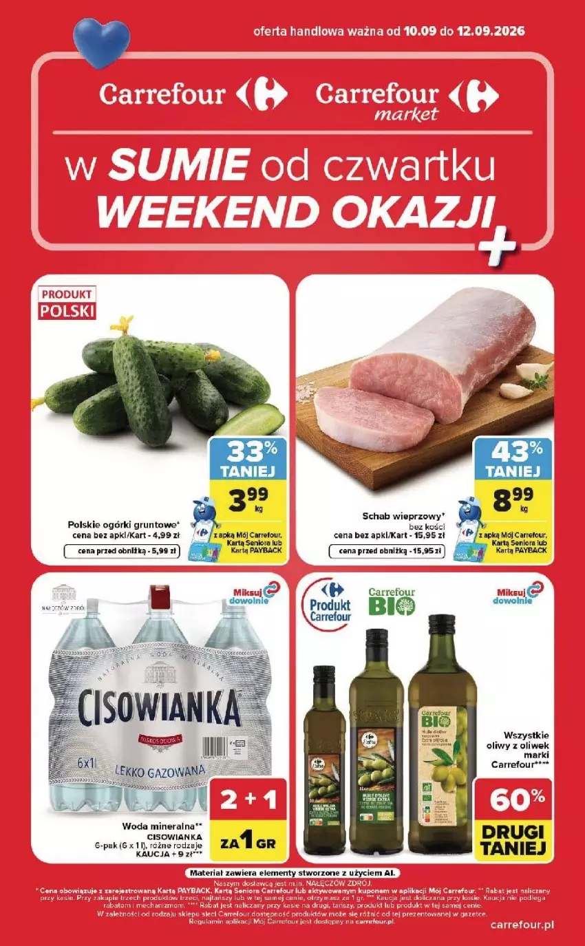 Gazetka promocyjna Carrefour - Gazetka Carrefour, Market w SUMIE od czwartku WEEKEND OKAZJI! - ważna 10.09 do 12.09.2026 - strona 1 - produkty: Cisowianka, Fa, Grunt, Schab wieprzowy, Stek, Woda, Woda mineralna