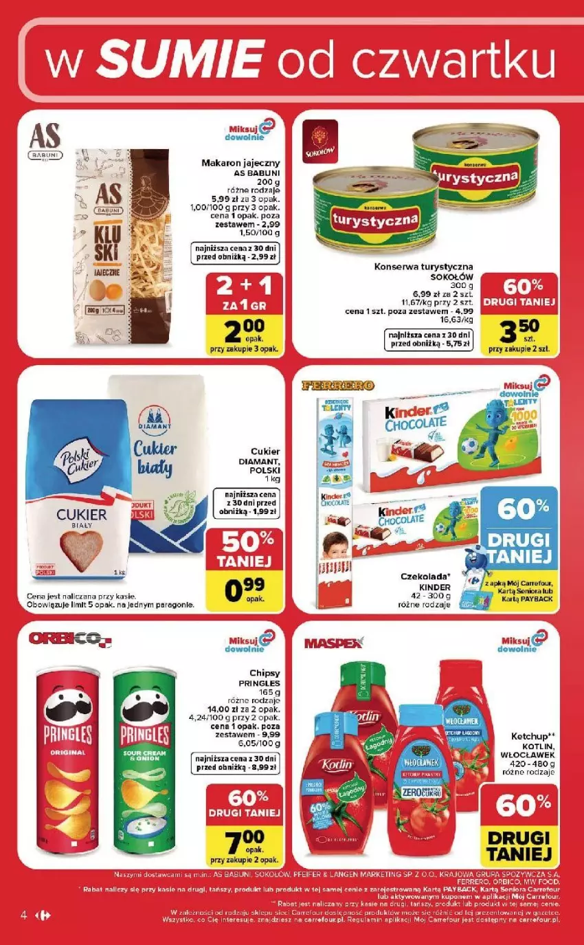 Gazetka promocyjna Carrefour - Gazetka Carrefour, Market w SUMIE od czwartku WEEKEND OKAZJI! - ważna 10.09 do 12.09.2026 - strona 4 - produkty: Babuni, Chipsy, Cukier, Czekolada, Diamant, Fa, Gra, Kinder, Konserwa turystyczna, Kotlin, LG, Makaron, Por, Pringles, Ser, Sok, Sokołów