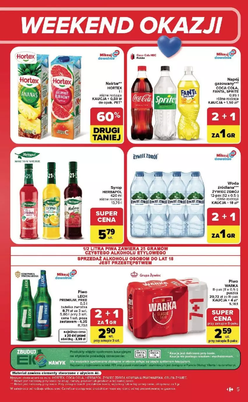 Gazetka promocyjna Carrefour - Gazetka Carrefour, Market w SUMIE od czwartku WEEKEND OKAZJI! - ważna 10.09 do 12.09.2026 - strona 5 - produkty: Coca-Cola, Fa, Fanta, Herbapol, Hortex, LANA, Napój, Napój gazowany, Nektar, Piwa, Piwo, Sprite, Syrop, Taca, Warka, Woda