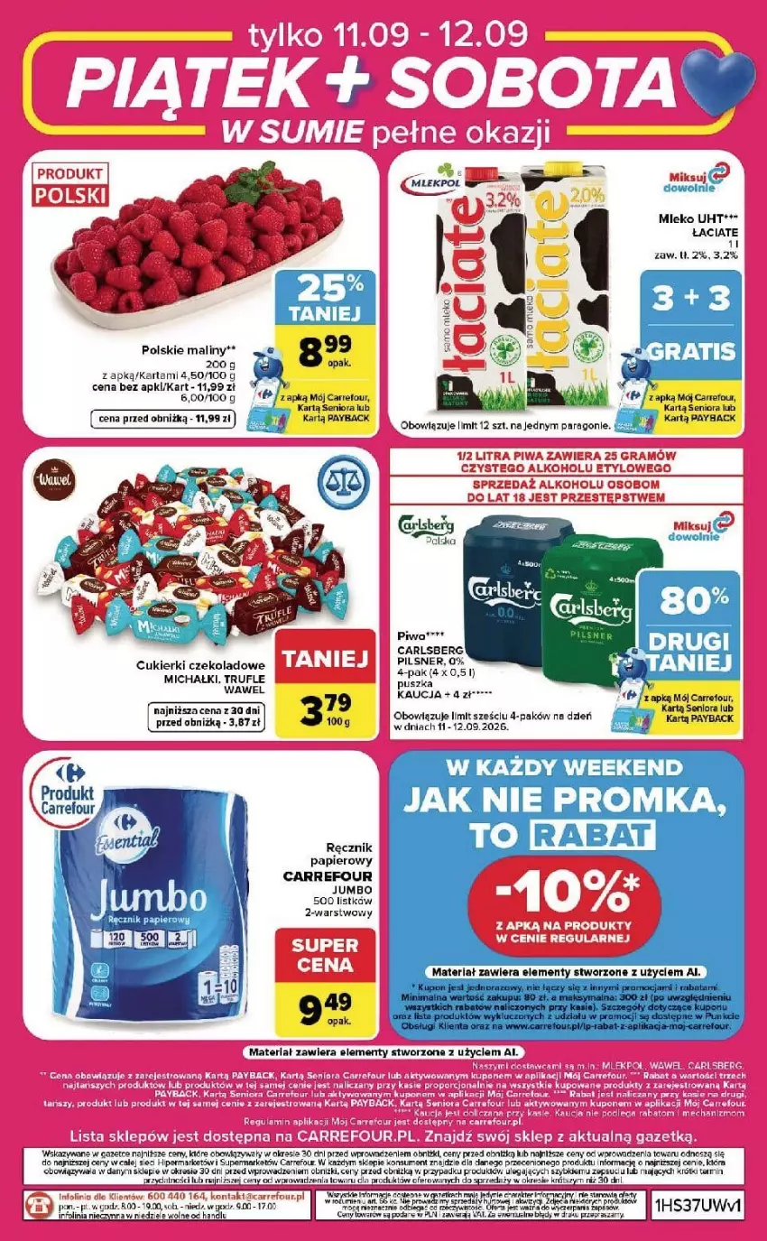Gazetka promocyjna Carrefour - Gazetka Carrefour, Market w SUMIE od czwartku WEEKEND OKAZJI! - ważna 10.09 do 12.09.2026 - strona 8 - produkty: Carlsberg, Cukier, Cukierki, Cukierki czekoladowe, Fa, Feta, Gra, LG, Maliny, Michałki, Papier, Piwa, Ręcznik, Wawel