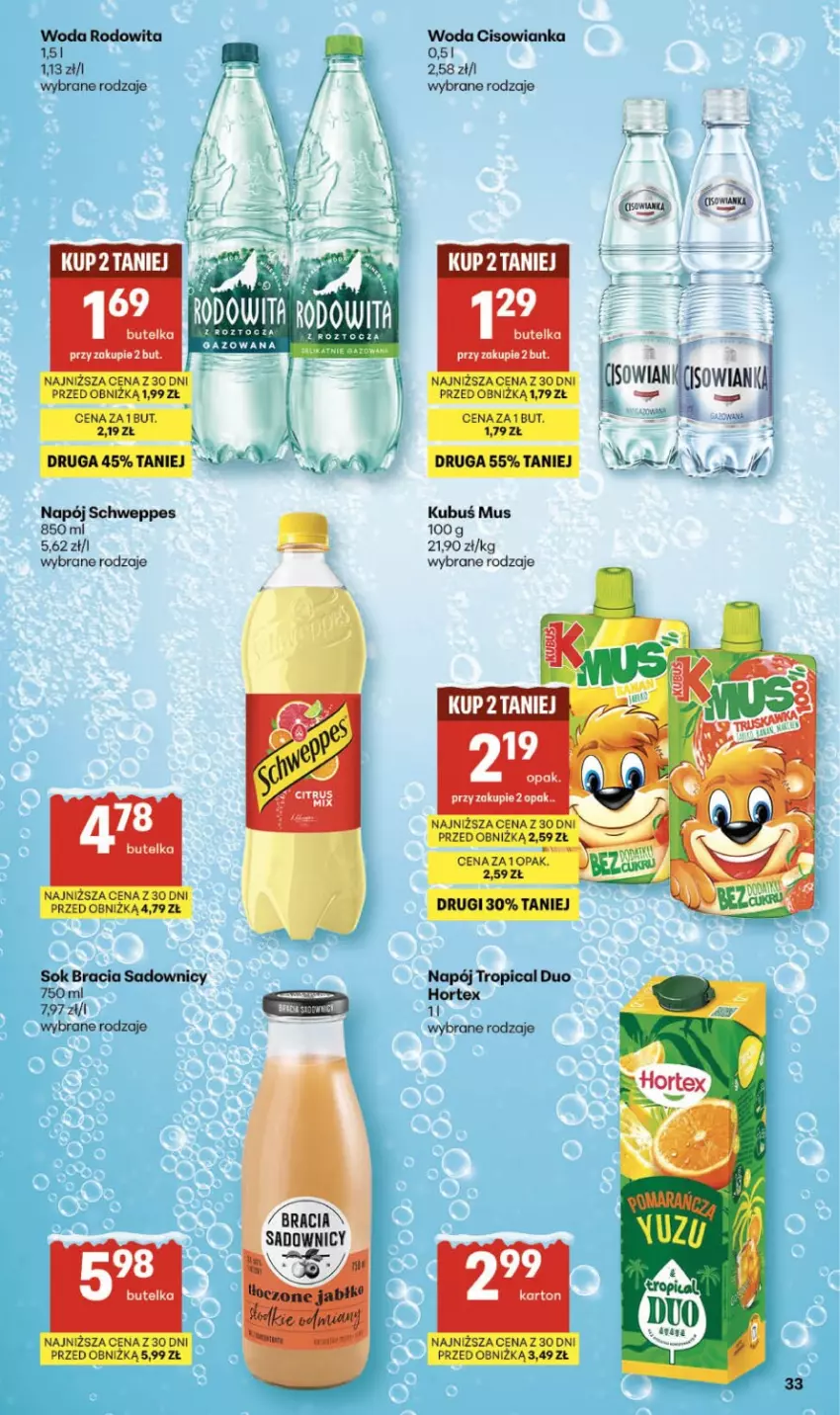 Gazetka promocyjna Delikatesy Centrum - Franczyza DC04 Czwartek - ważna 22.01 do 28.01.2026 - strona 33 - produkty: Cisowianka, Hortex, Kubuś, Mus, Napój, Schweppes, Sok, Tropical, Woda
