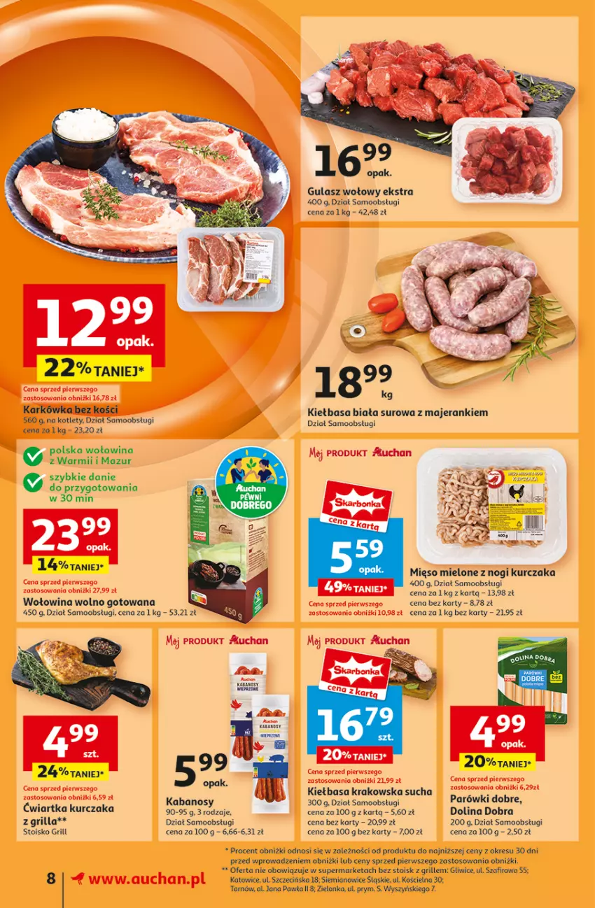 Gazetka promocyjna Auchan - Pewność Niskich Cen Supermarket - ważna 30.01 do 05.02.2025 - strona 10 - produkty: Grill, Gulasz wołowy, Kabanos, Kiełbasa, Kiełbasa biała, Kiełbasa krakowska, Kotlet, Kurczak, Mięso, Mięso mielone, Wołowina