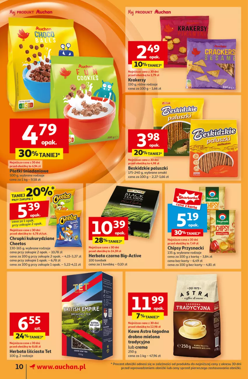 Gazetka promocyjna Auchan - Pewność Niskich Cen Supermarket - ważna 30.01 do 05.02.2025 - strona 12 - produkty: Beskidzki, Beskidzkie paluszki, Cheetos, Chipsy, Chrupki, Danio, Fa, Herbata, Herbata czarna, Kawa, Krakersy, Przysnacki