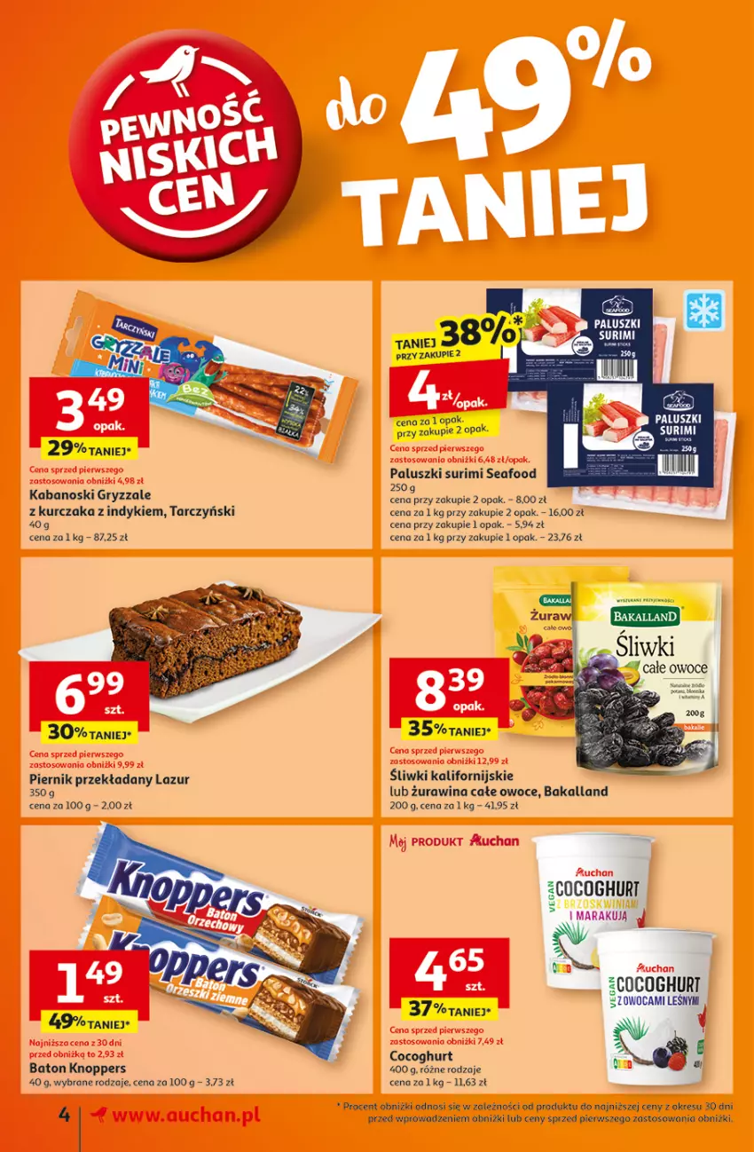 Gazetka promocyjna Auchan - Pewność Niskich Cen Supermarket - ważna 30.01 do 05.02.2025 - strona 4 - produkty: Bakalland, Baton, Fa, Gry, Kabanos, Knoppers, Kurczak, Lazur, Owoce, Piernik, Surimi, Tarczyński