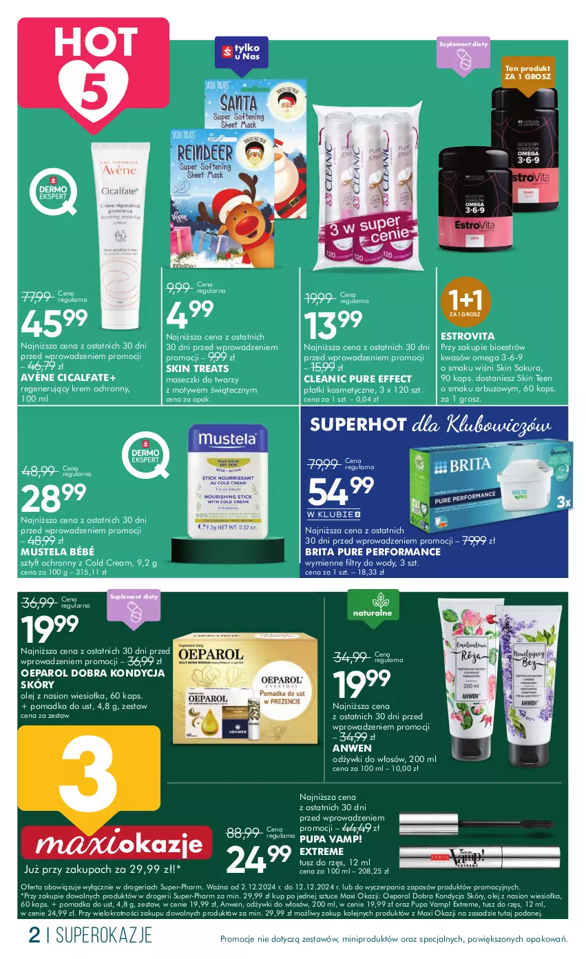 Gazetka promocyjna Super Pharm - ważna 02.12 do 12.12.2024 - strona 2 - produkty: Arbuz, Avène, Brit, Brita, Cleanic, Cold Cream, Fa, Mus, Mustela, Olej, Płatki kosmetyczne, Pupa, Pur, Suplement diety, Tusz