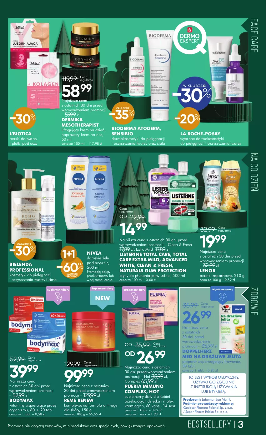 Gazetka promocyjna Super Pharm - ważna 02.12 do 12.12.2024 - strona 3 - produkty: Atoderm, Bielenda, Bioderma, Body, Bodymax, Dermika, Doppelherz, Fa, Karmi, Kosmetyki do pielęgnacji, Krem na dzień, Krem na noc, La Roche-Posay, Lenor, Listerine, Nivea, Perełki zapachowe, Ser, Suplement diety, Zdrowie