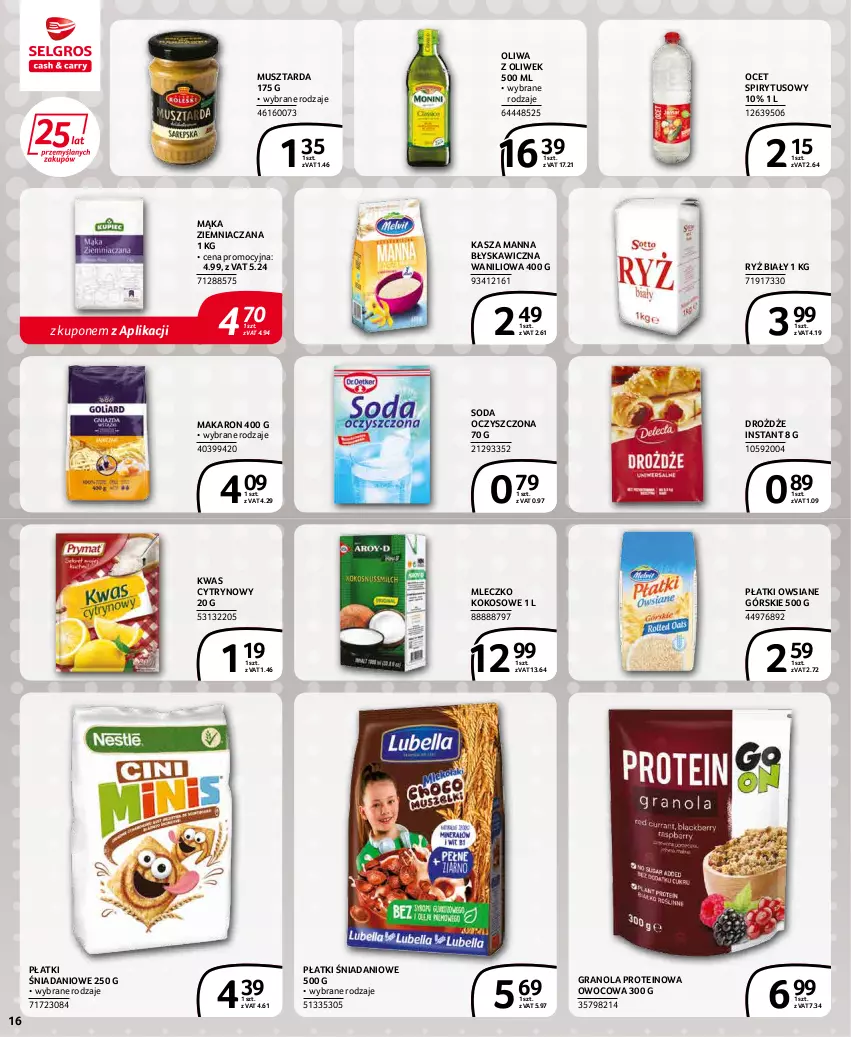 Gazetka promocyjna Selgros - Extra Oferta - ważna 01.01 do 31.01.2022 - strona 16 - produkty: Danio, Drożdże, Gra, Granola, Kasza, Kokos, Kwas cytrynowy, Mąka, Makaron, Mleczko, Mus, Musztarda, Ocet, Oliwa z oliwek, Płatki owsiane, Ryż, Ryż biały, Soda oczyszczona