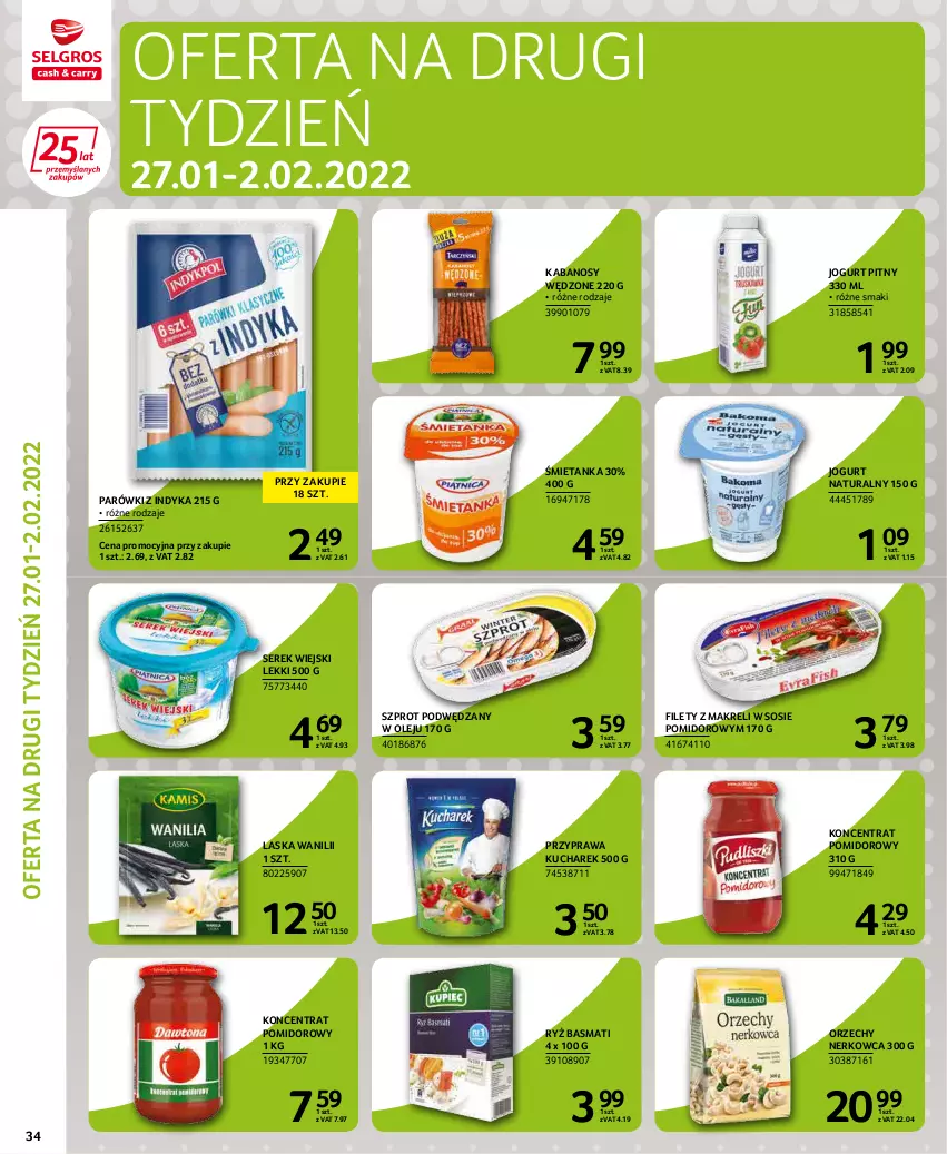 Gazetka promocyjna Selgros - Extra Oferta - ważna 01.01 do 31.01.2022 - strona 36 - produkty: Jogurt, Jogurt naturalny, Jogurt pitny, Kabanos, Koncentrat pomidorowy, Kucharek, Olej, Parówki, Parówki z indyka, Ryż, Ryż basmati, Ser, Serek, Serek wiejski, Sos, Szprot