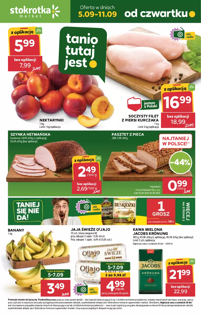 Gazetka promocyjna Stokrotka - Market - ważna 05.09 do 11.09.2024 - strona 1 - produkty: Banany, Filet z piersi kurczaka, Jacobs, Jacobs Krönung, Jaja, Kawa, Kawa mielona, Kurczak, Mięso, Nektar, Owoce, Pasztet, Piec, Szynka, Warzywa